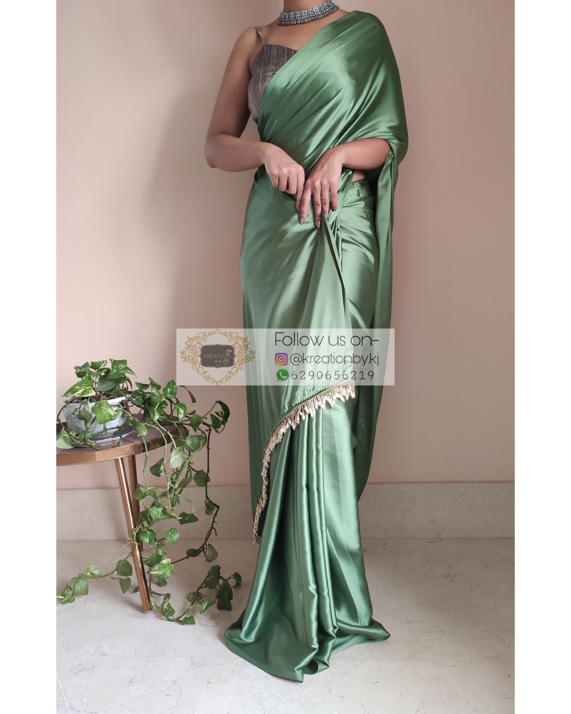 Moss Green Satin Silk Saree With Handmade Tassels On Pallu – kreationbykj