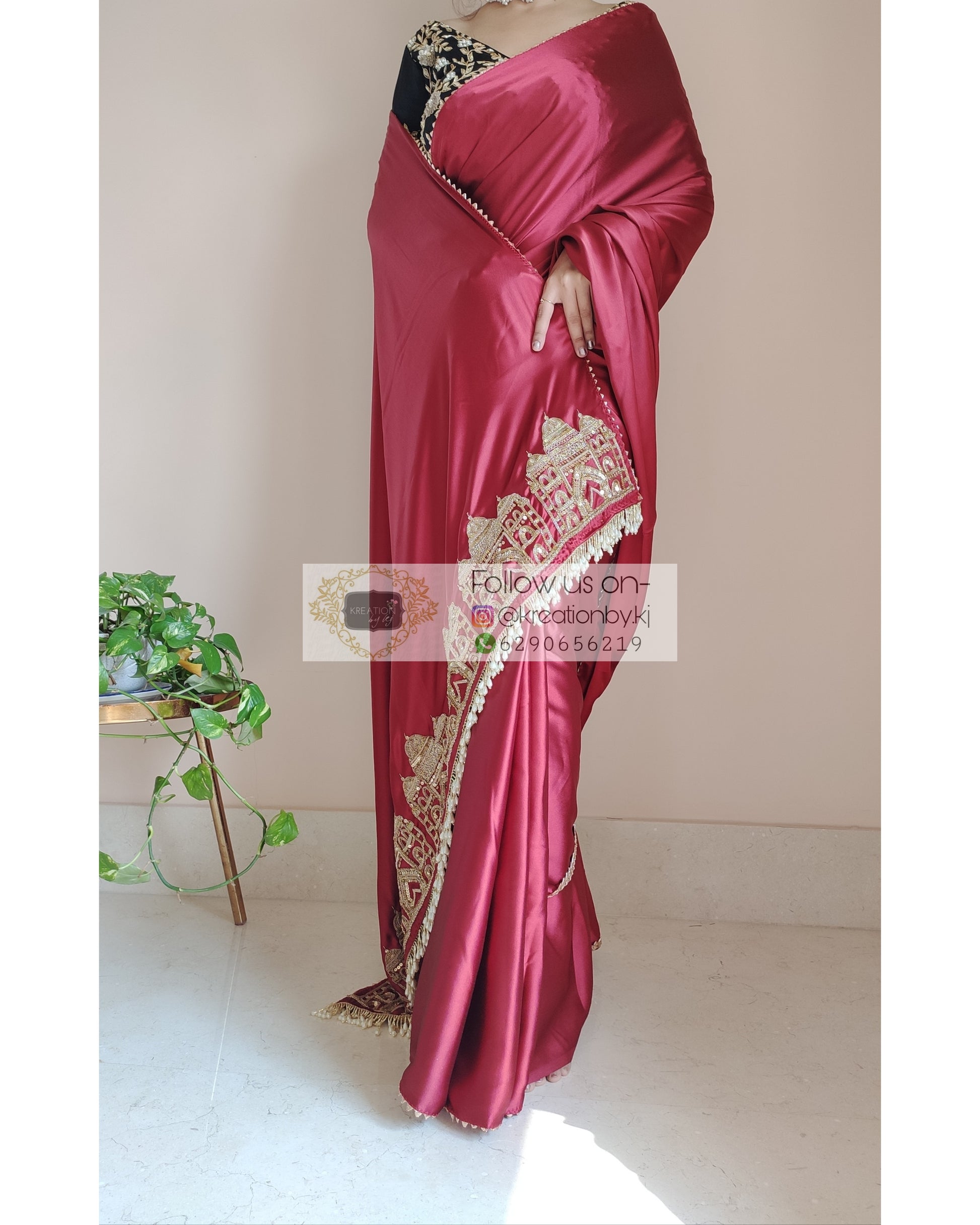 Maroon Satin Silk Taj Mahal Saree - kreationbykj