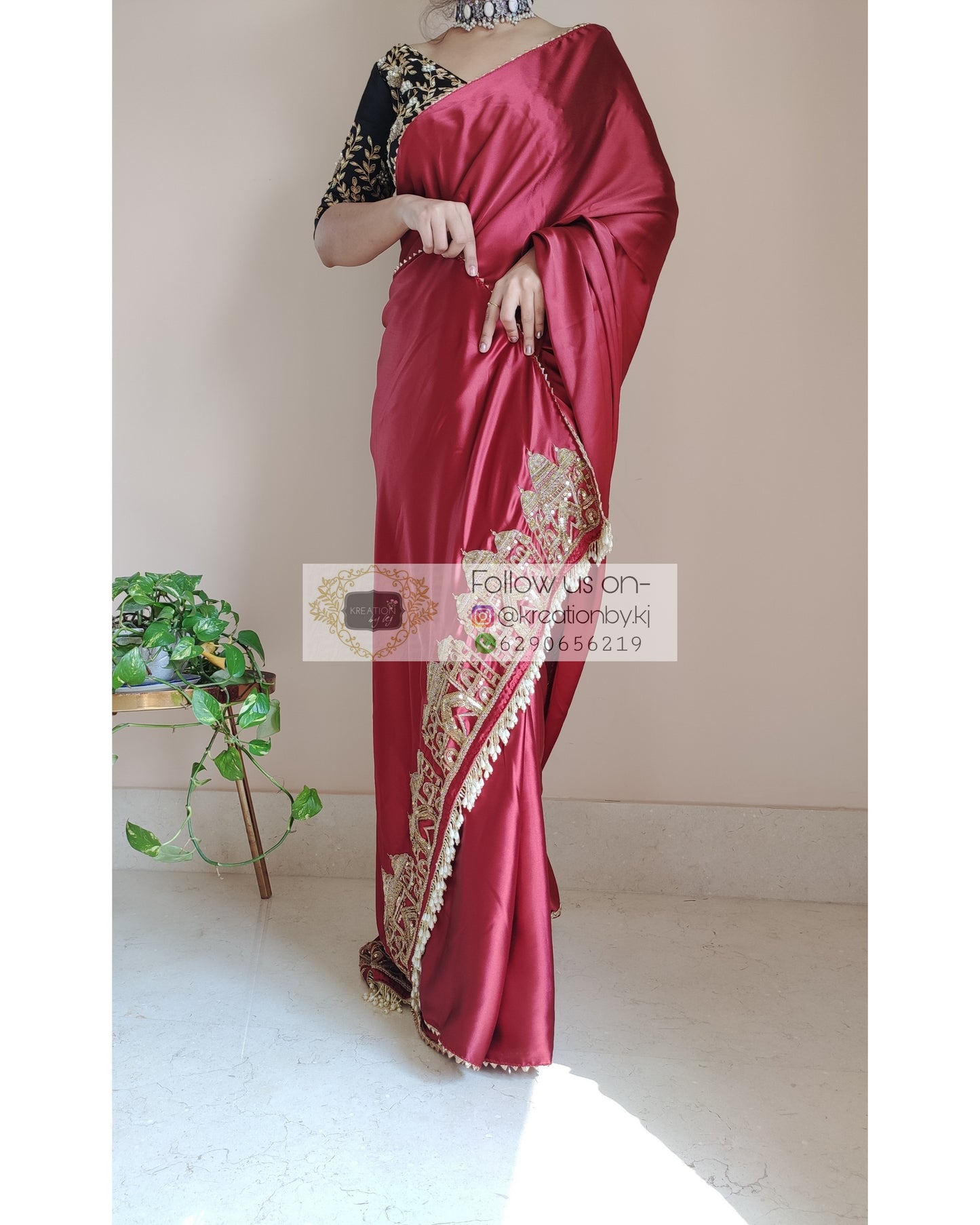 Maroon Satin Silk Taj Mahal Saree - kreationbykj