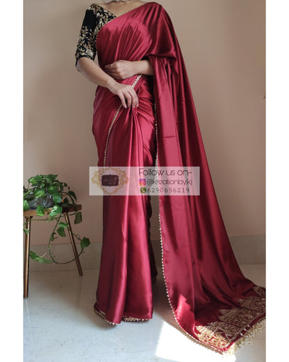 Maroon Satin Silk Taj Mahal Saree - kreationbykj