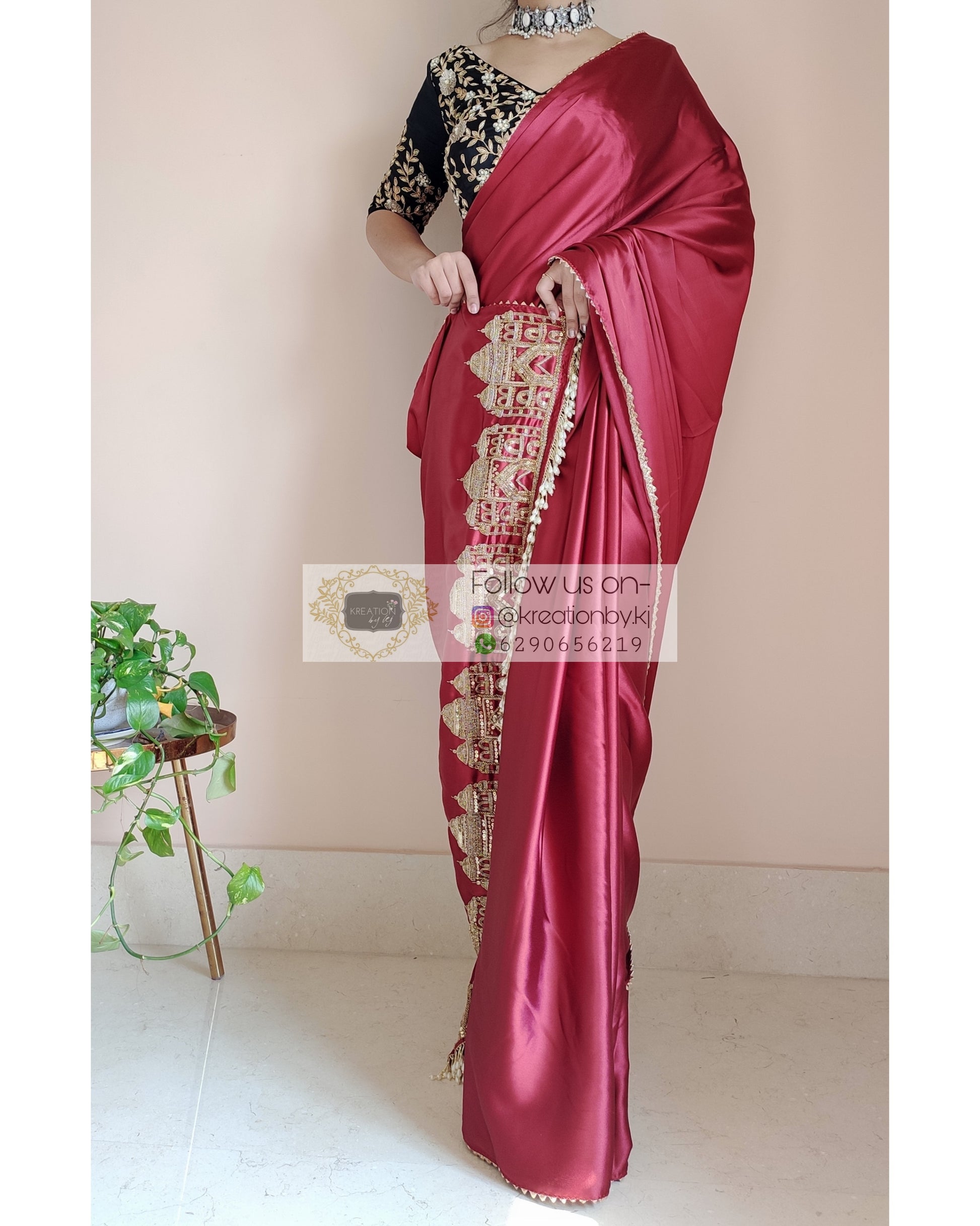 Maroon Satin Silk Taj Mahal Saree - kreationbykj