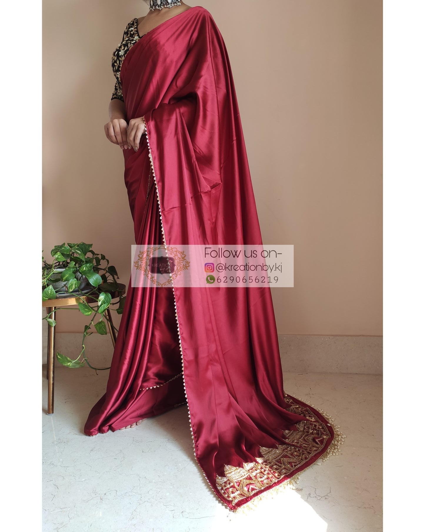 Maroon Satin Silk Taj Mahal Saree - kreationbykj