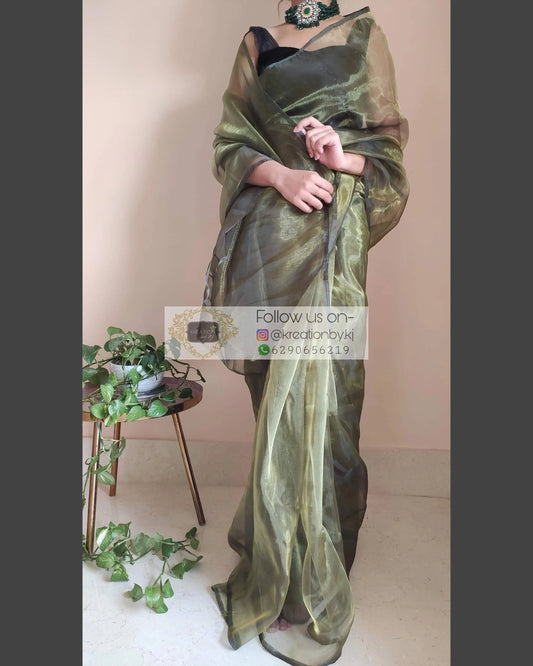 Military Green Glass Tissue Saree - kreationbykj