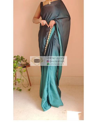 Blue Ombré Crepe Silk Saree With Handmade Tassels On Pallu - kreationbykj