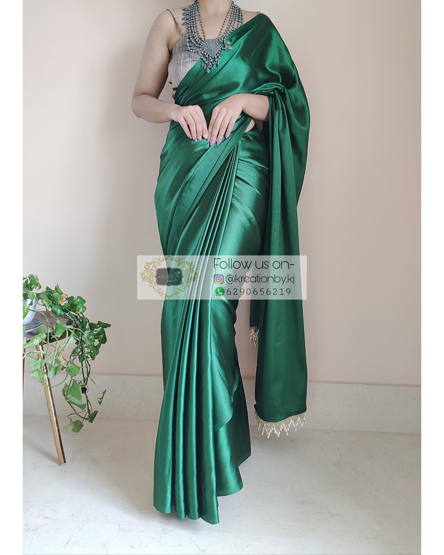 Forest Green Satin Silk Saree With Handmade Tassels On Pallu - kreationbykj