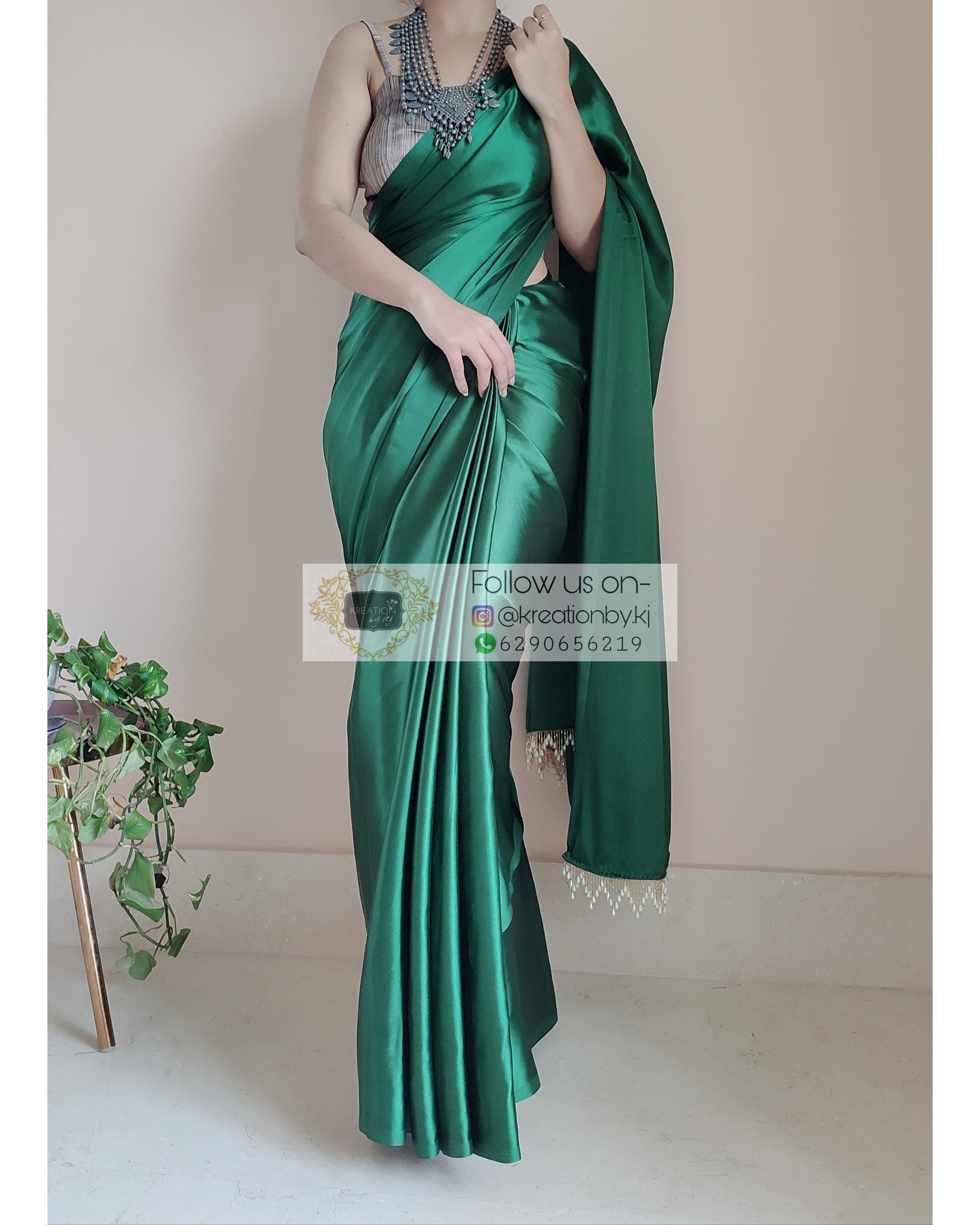 Forest Green Satin Silk Saree With Handmade Tassels On Pallu - kreationbykj