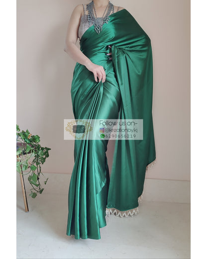 Forest Green Satin Silk Saree With Handmade Tassels On Pallu - kreationbykj