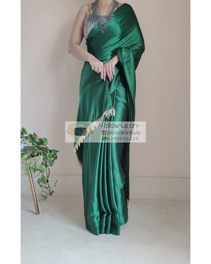 Forest Green Satin Silk Saree With Handmade Tassels On Pallu - kreationbykj