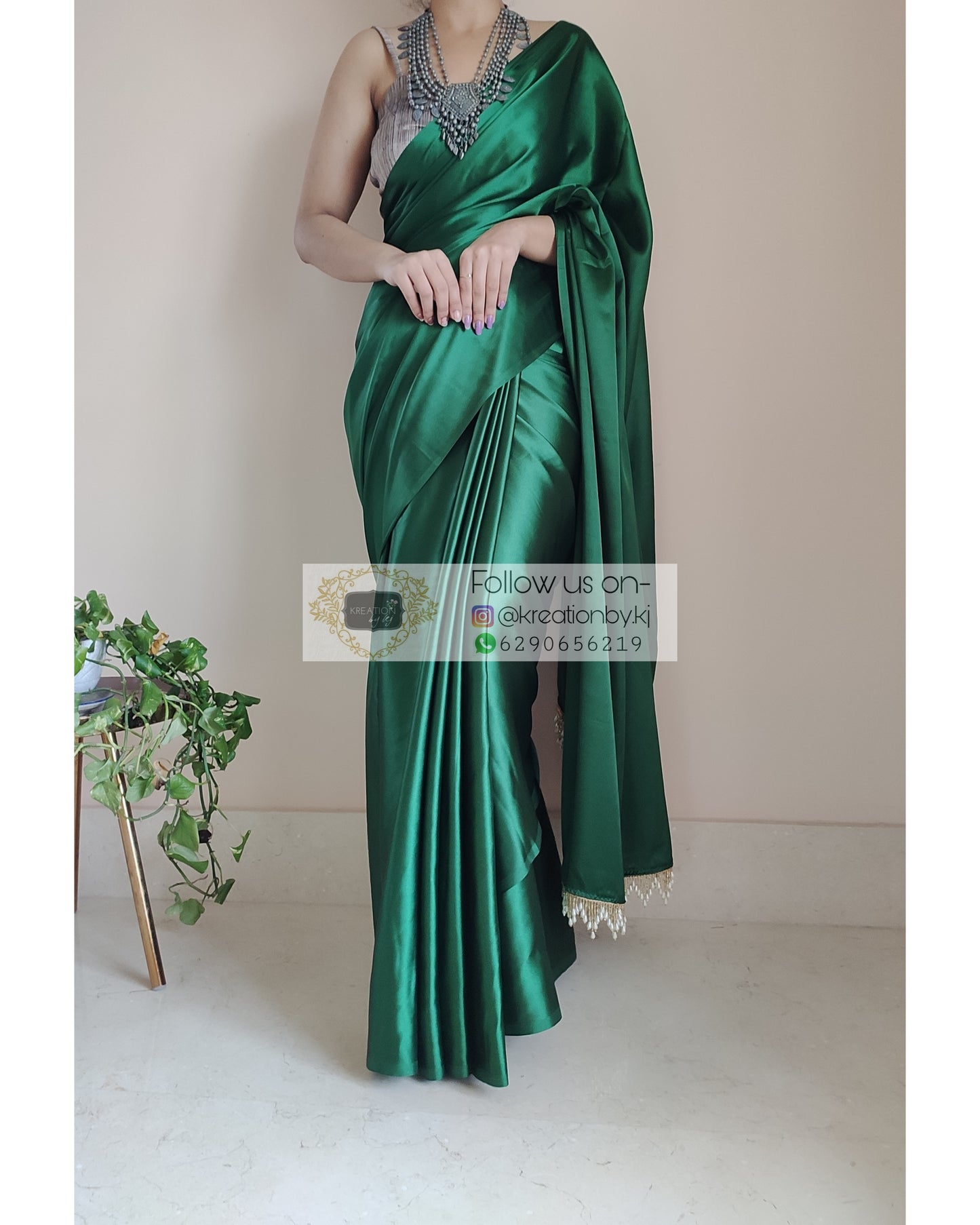 Forest Green Satin Silk Saree With Handmade Tassels On Pallu - kreationbykj