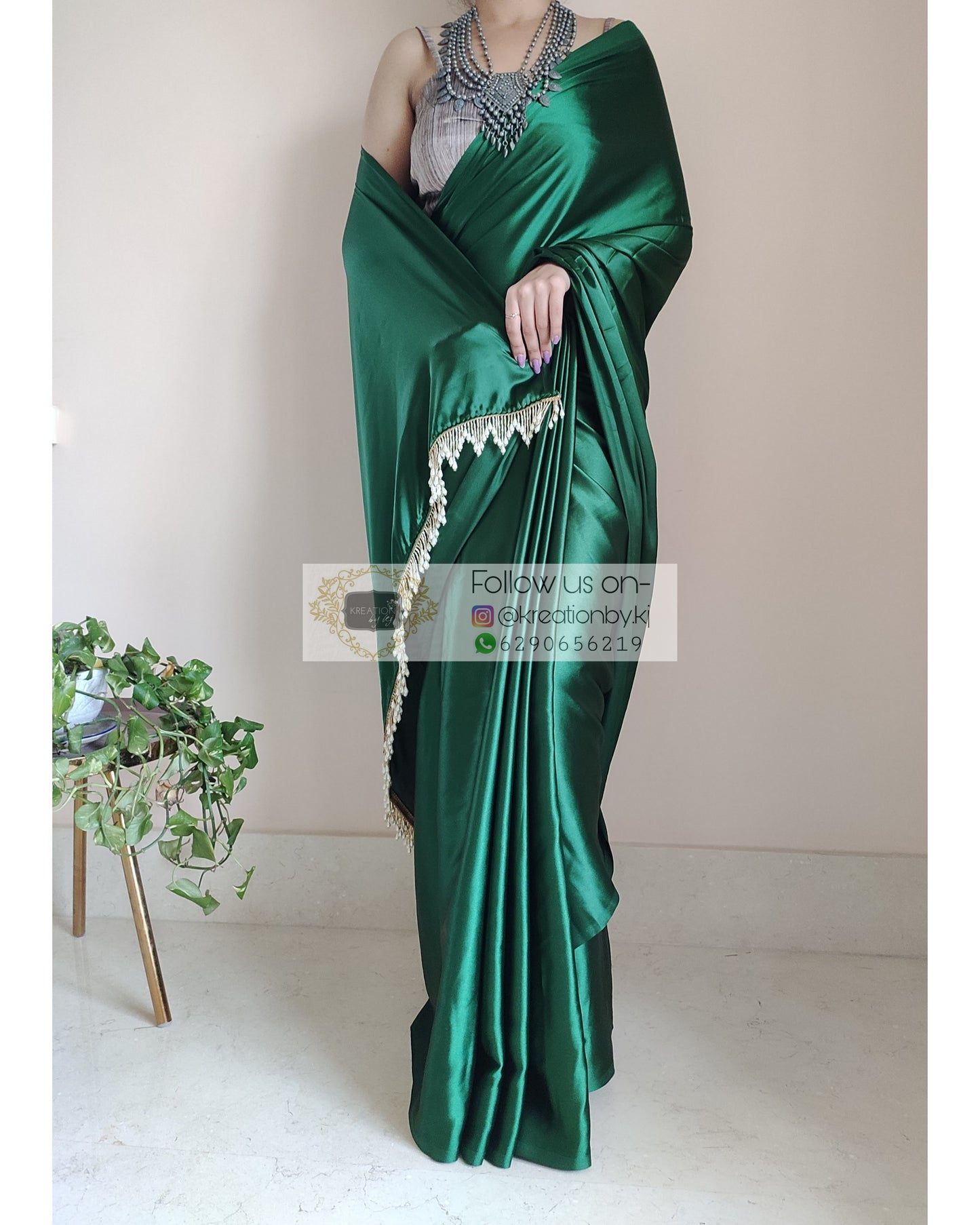 Forest Green Satin Silk Saree With Handmade Tassels On Pallu - kreationbykj