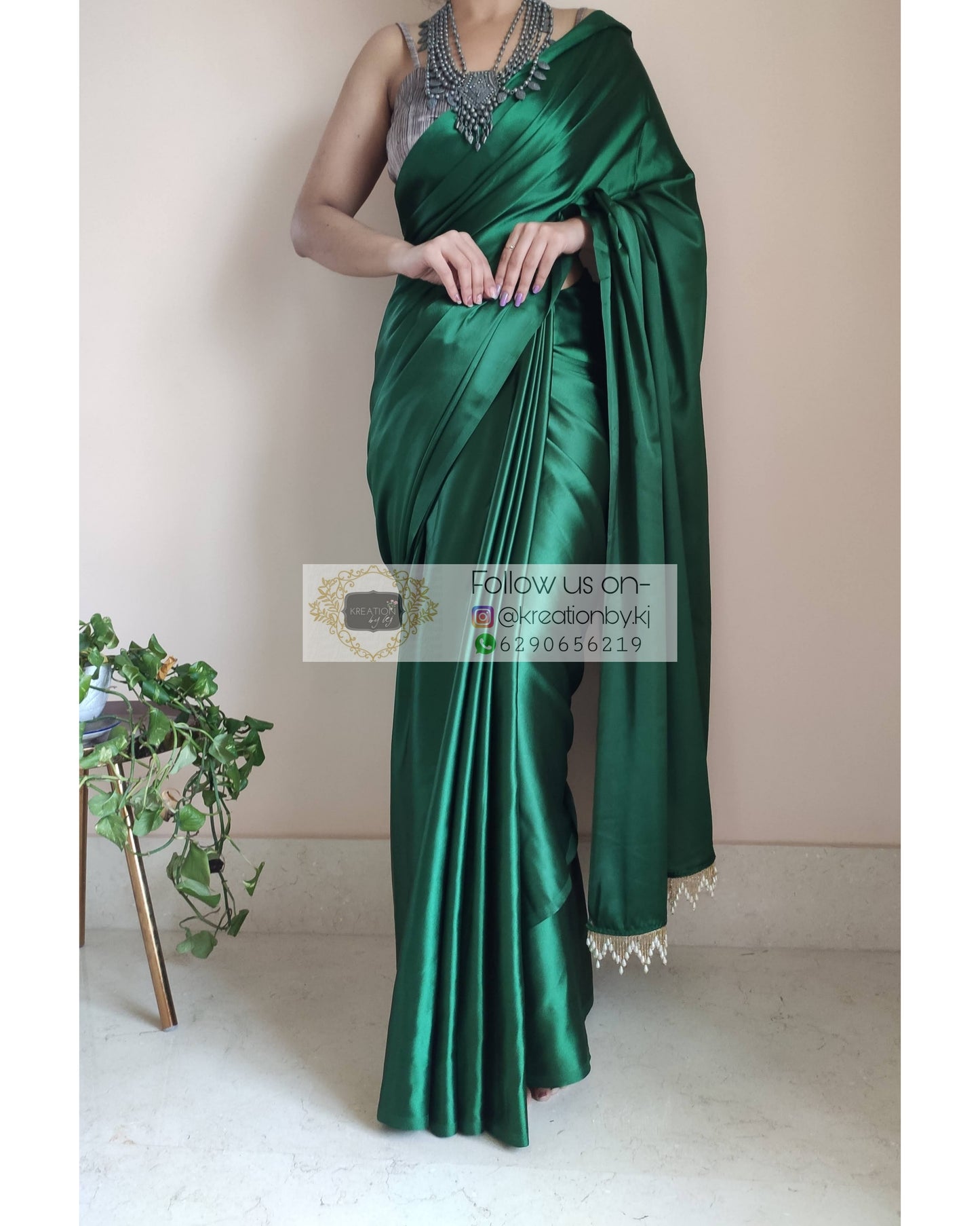 Forest Green Satin Silk Saree With Handmade Tassels On Pallu - kreationbykj