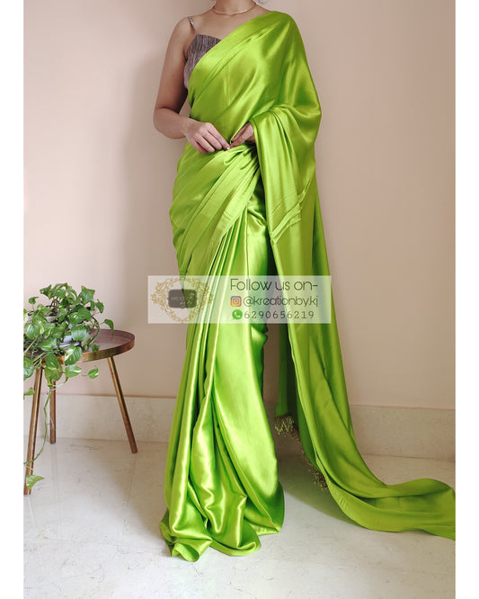 DDLJ Green Satin Silk Saree With Handmade Tassels On Pallu - kreationbykj