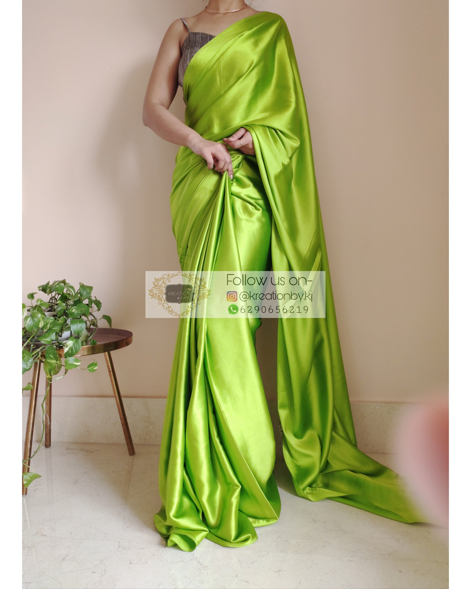 DDLJ Green Satin Silk Saree With Handmade Tassels On Pallu - kreationbykj