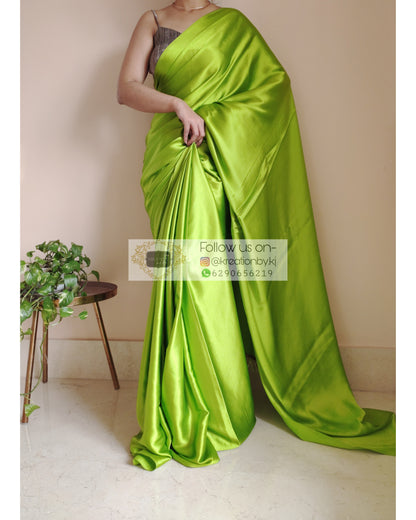 DDLJ Green Satin Silk Saree With Handmade Tassels On Pallu - kreationbykj