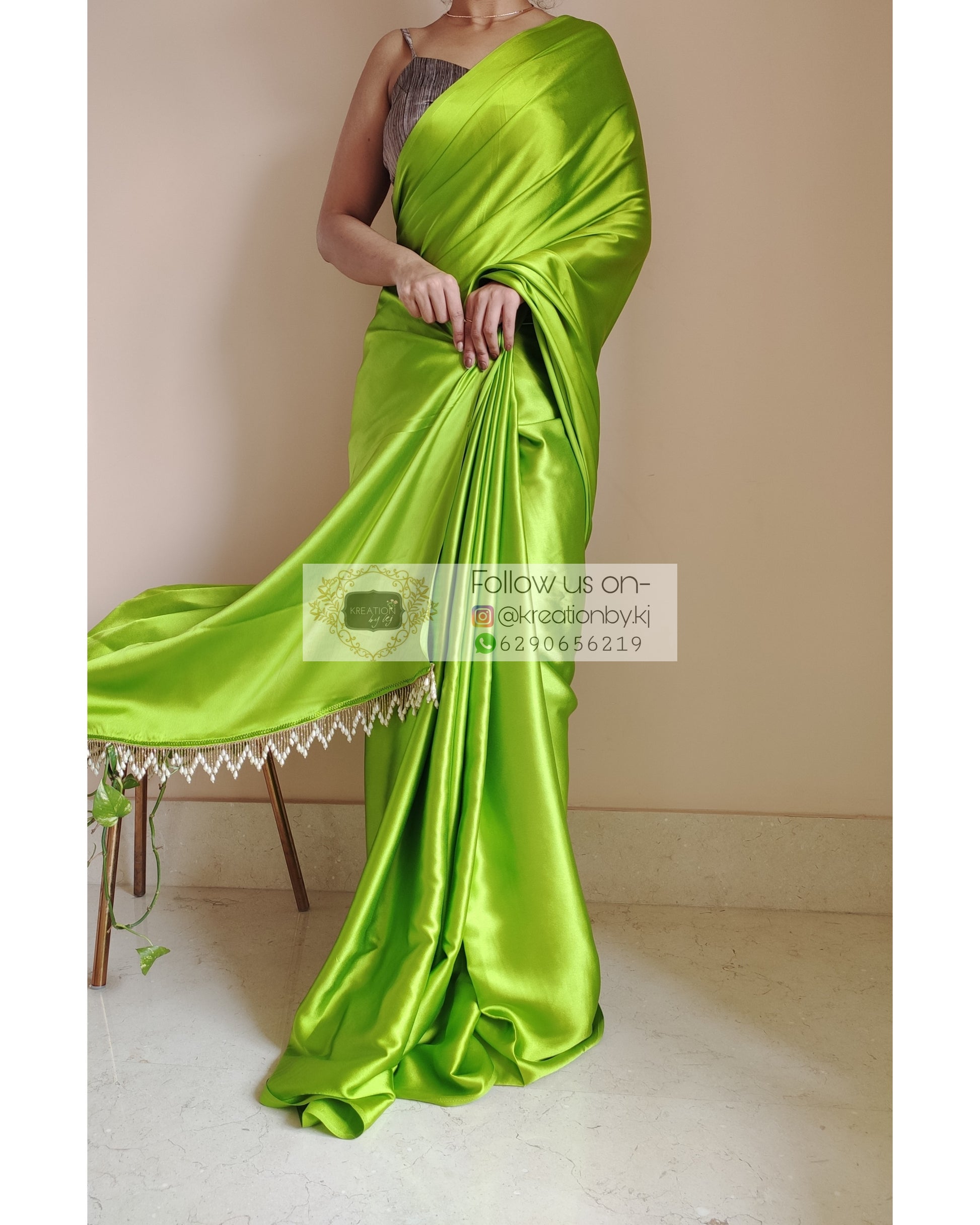 DDLJ Green Satin Silk Saree With Handmade Tassels On Pallu - kreationbykj