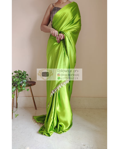 DDLJ Green Satin Silk Saree With Handmade Tassels On Pallu - kreationbykj