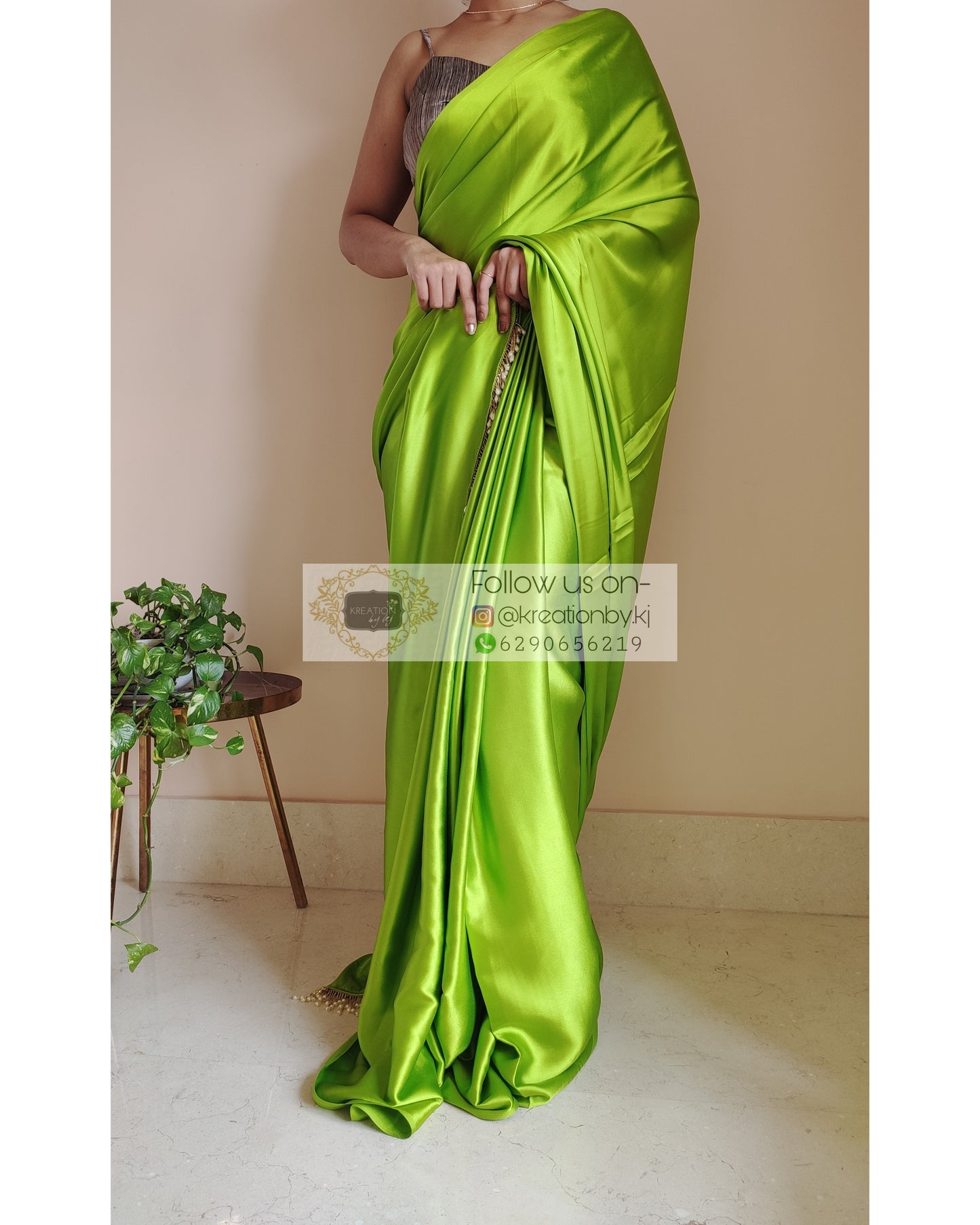 DDLJ Green Satin Silk Saree With Handmade Tassels On Pallu - kreationbykj