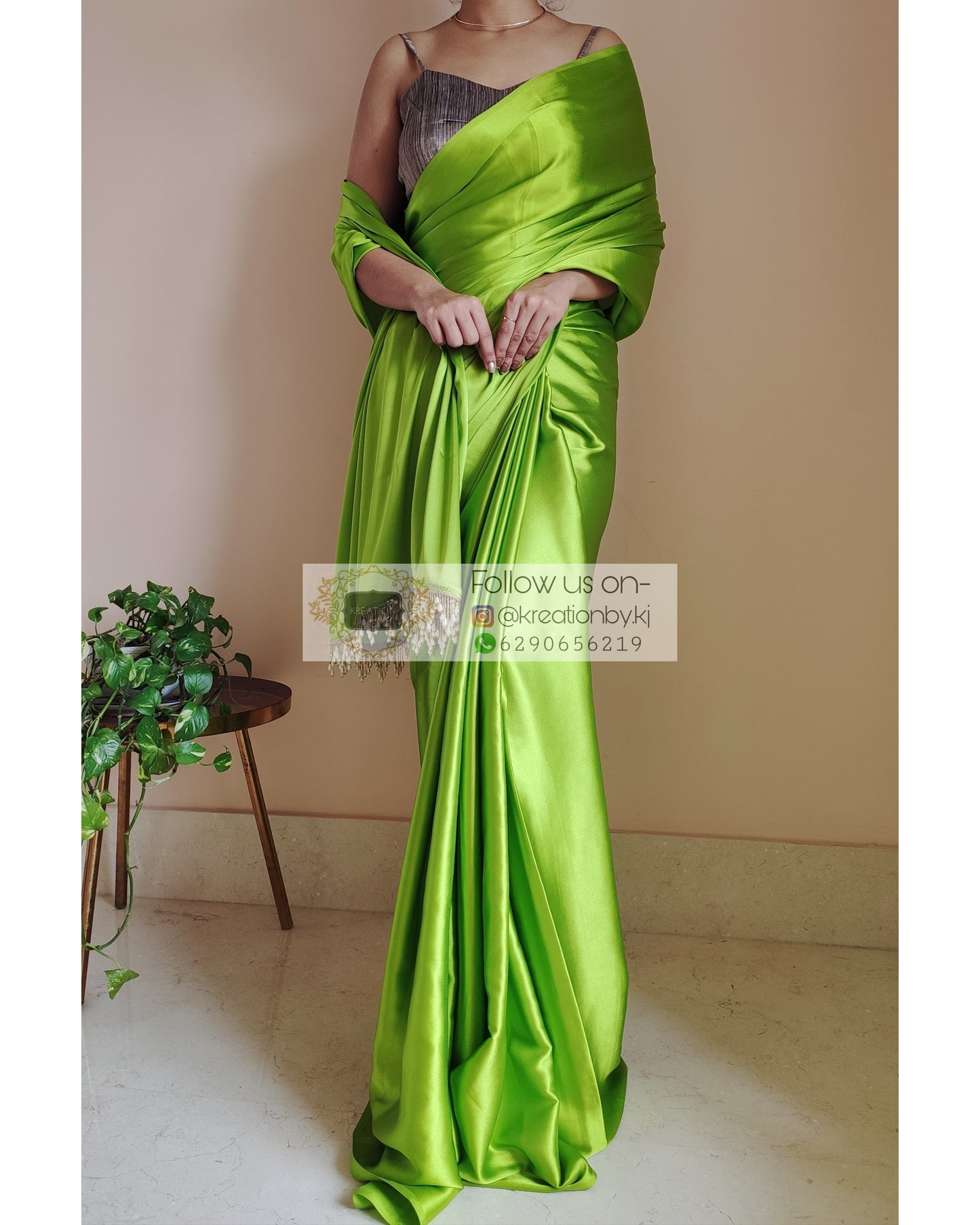 DDLJ Green Satin Silk Saree With Handmade Tassels On Pallu - kreationbykj