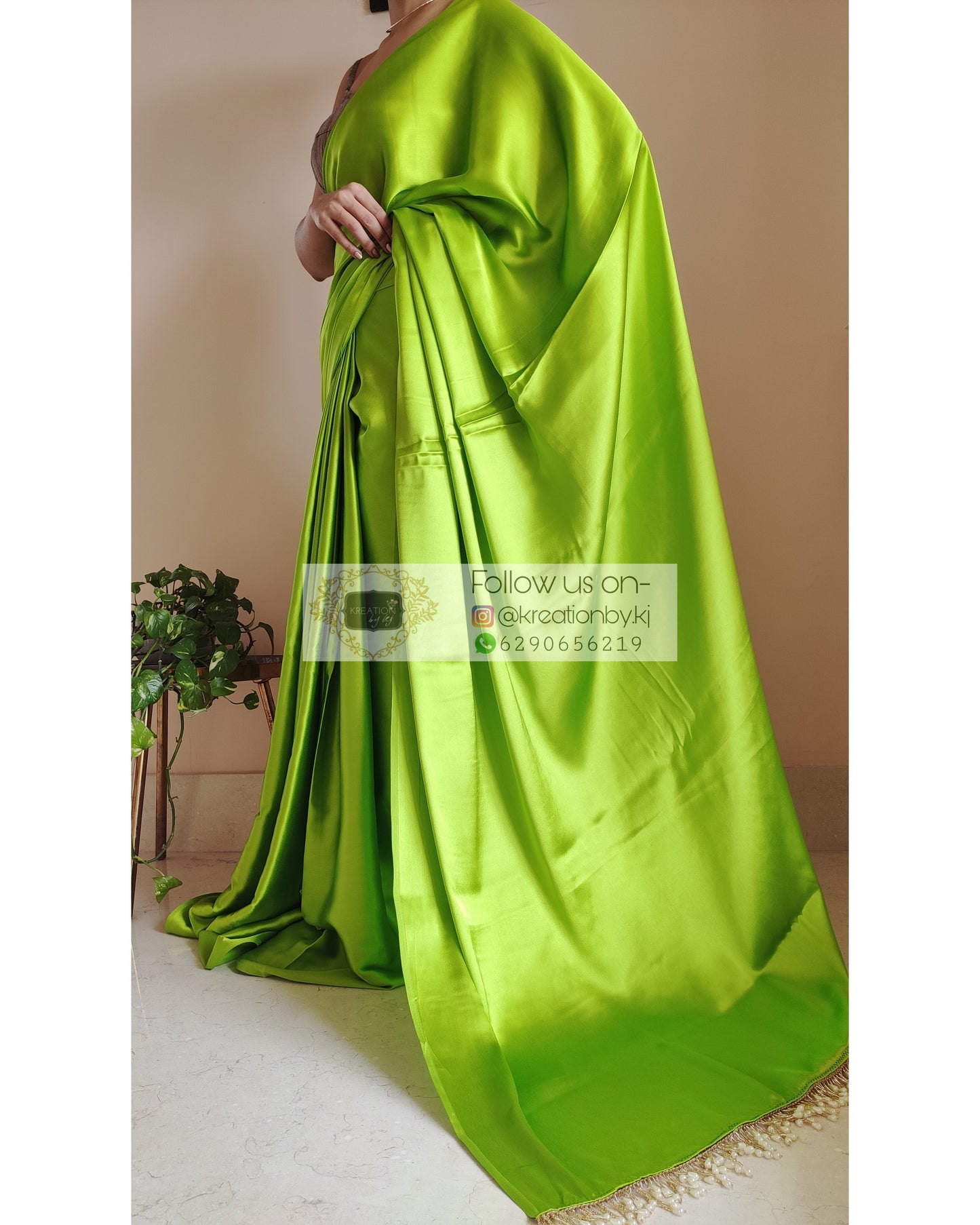 DDLJ Green Satin Silk Saree With Handmade Tassels On Pallu - kreationbykj