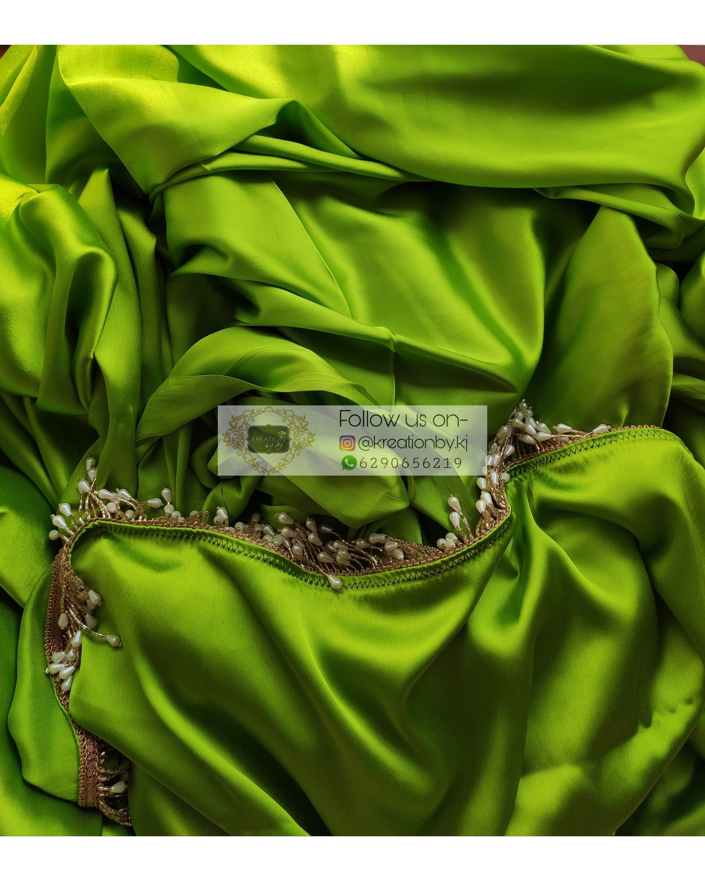 DDLJ Green Satin Silk Saree With Handmade Tassels On Pallu - kreationbykj