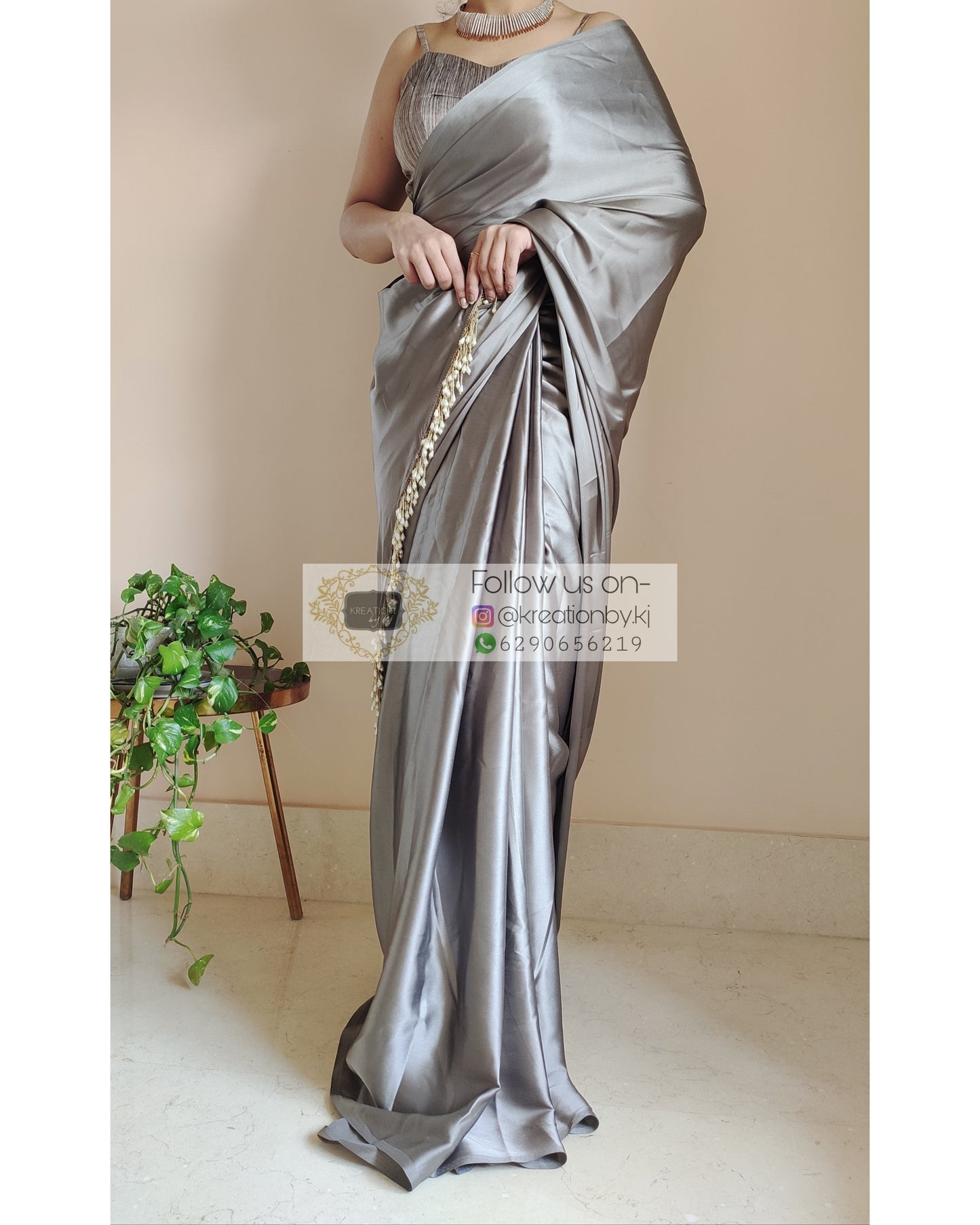 Charcoal Gray Satin Silk Saree With Handmade Tassels On Pallu - kreationbykj