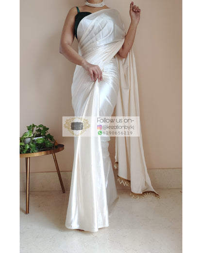 Cream Satin Silk Saree With Handmade Tassels On Pallu - kreationbykj