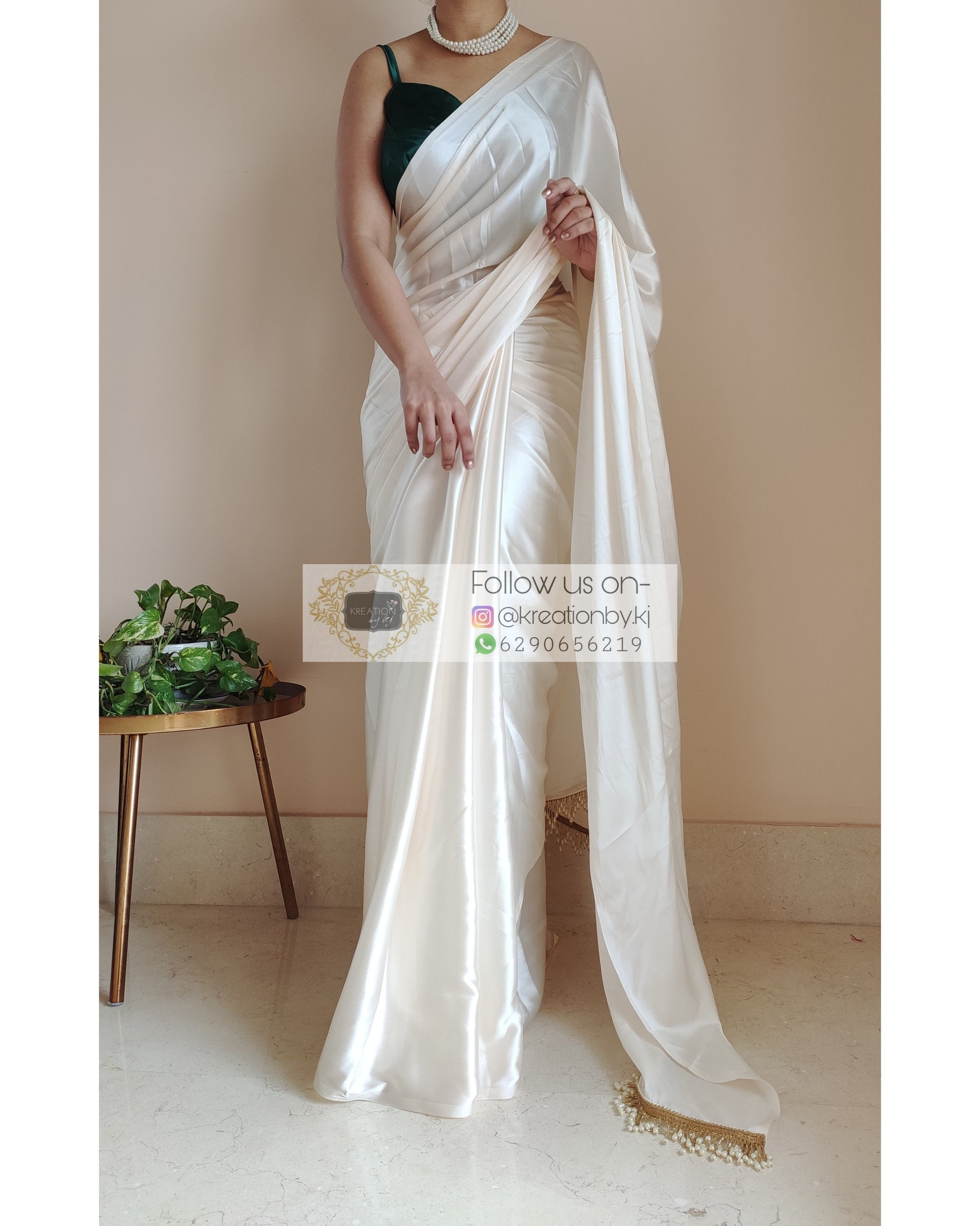 Cream Satin Silk Saree With Handmade Tassels On Pallu - kreationbykj