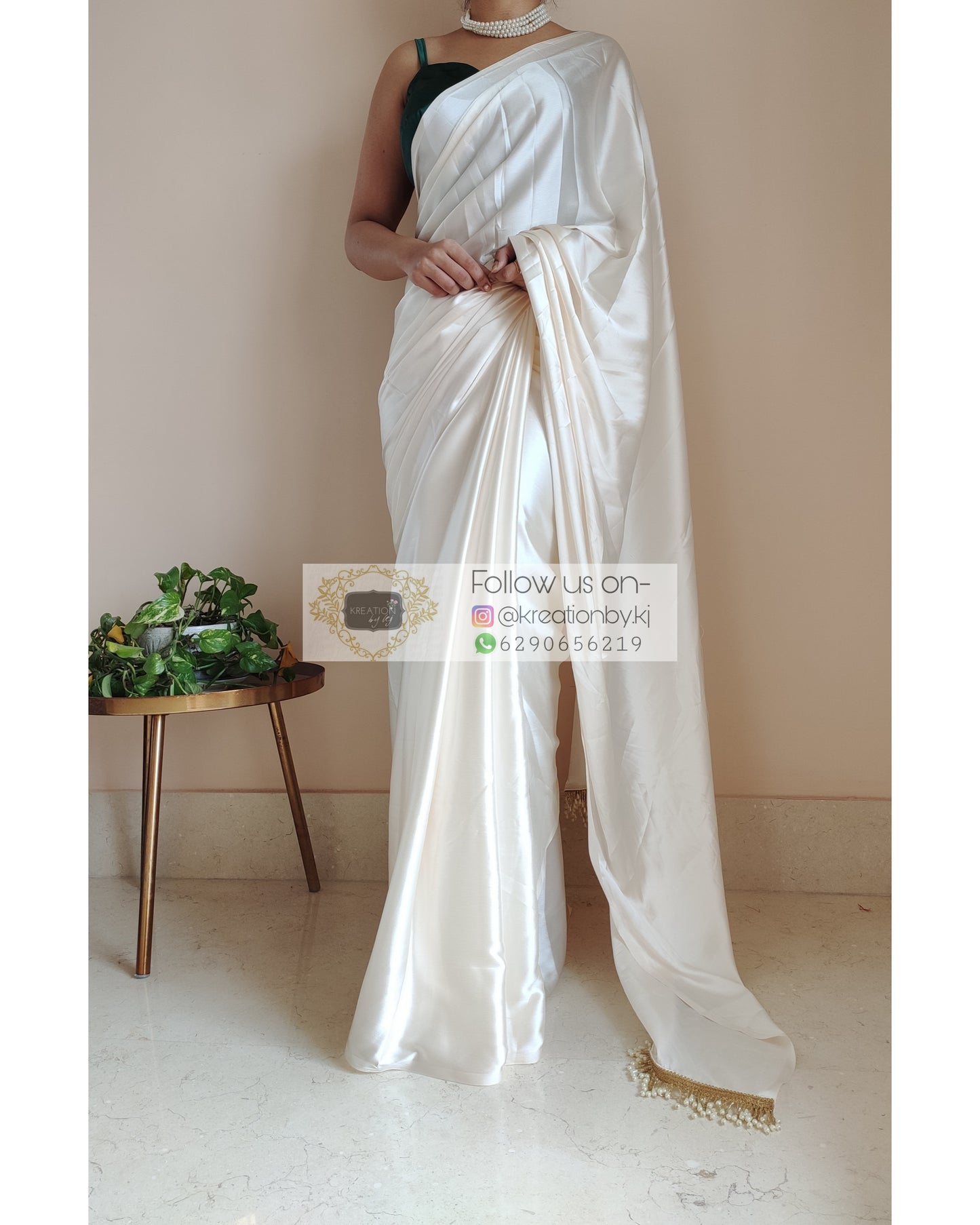 Cream Satin Silk Saree With Handmade Tassels On Pallu - kreationbykj