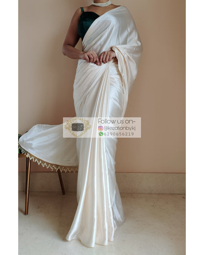 Cream Satin Silk Saree With Handmade Tassels On Pallu - kreationbykj