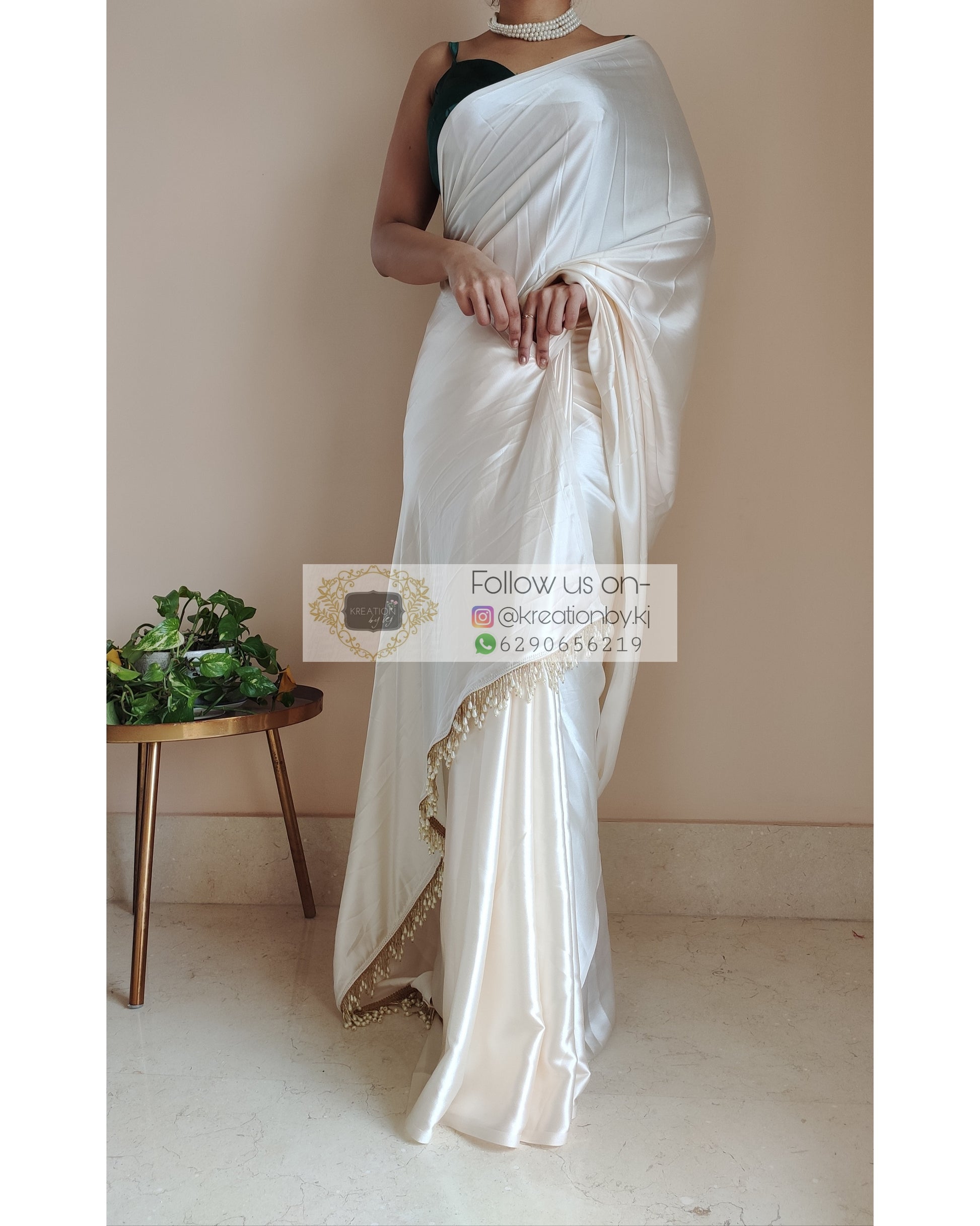 Cream Satin Silk Saree With Handmade Tassels On Pallu - kreationbykj