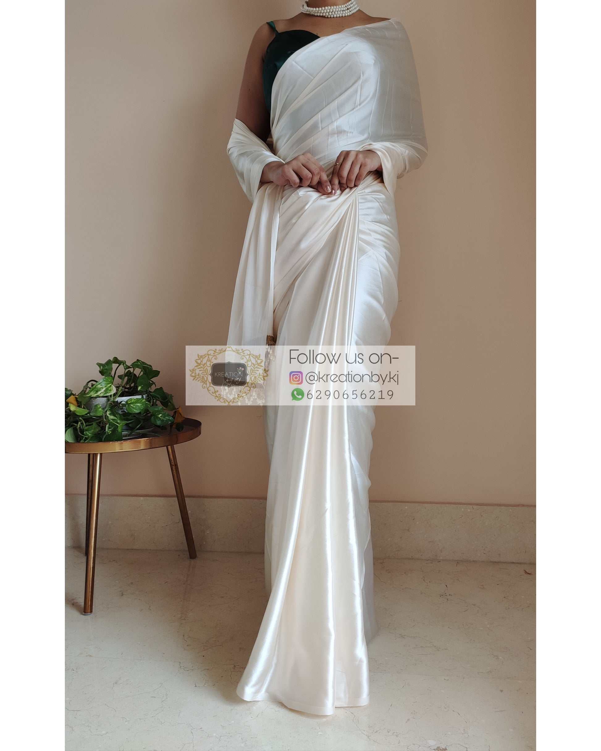 Cream Satin Silk Saree With Handmade Tassels On Pallu - kreationbykj