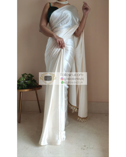 Cream Satin Silk Saree With Handmade Tassels On Pallu - kreationbykj