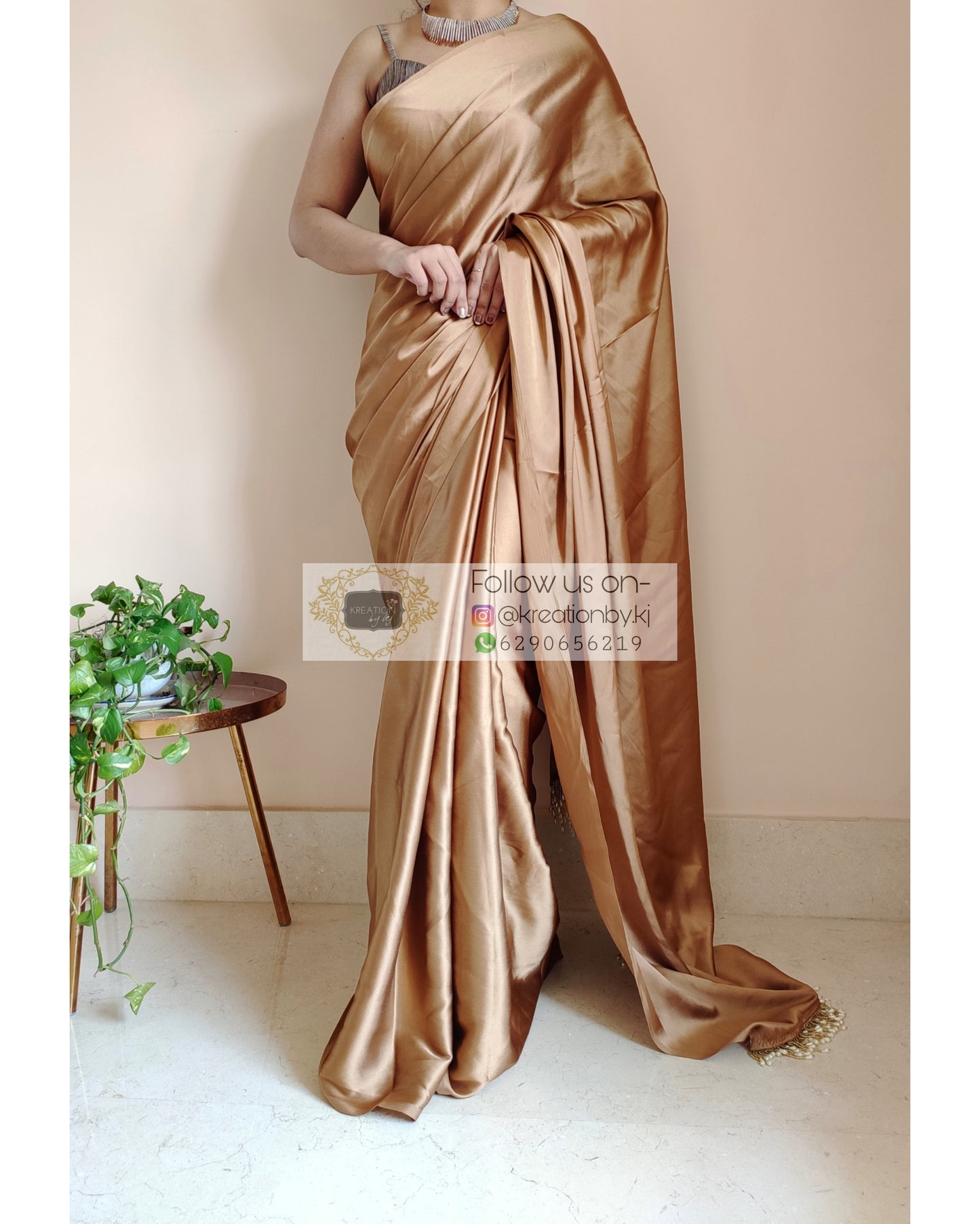 Golden Brown Satin Silk Saree With Handmade Tassels On Pallu - kreationbykj