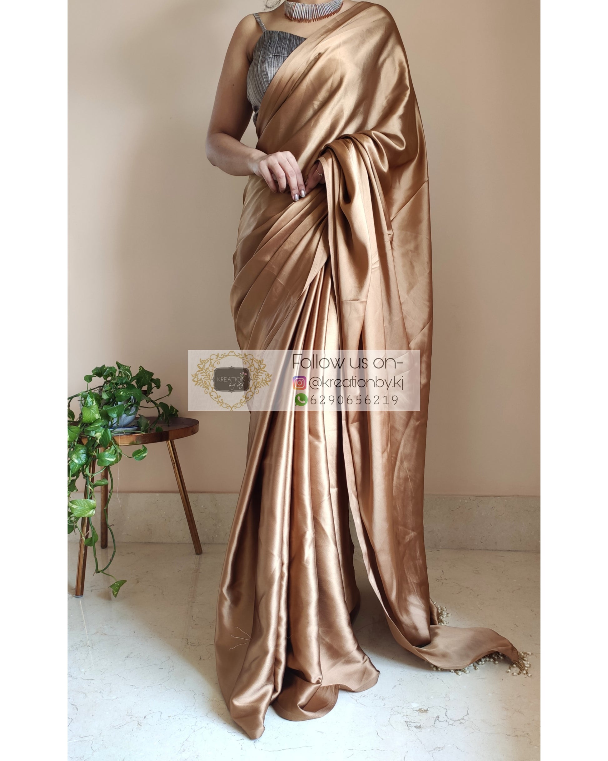 Golden Brown Satin Silk Saree With Handmade Tassels On Pallu - kreationbykj