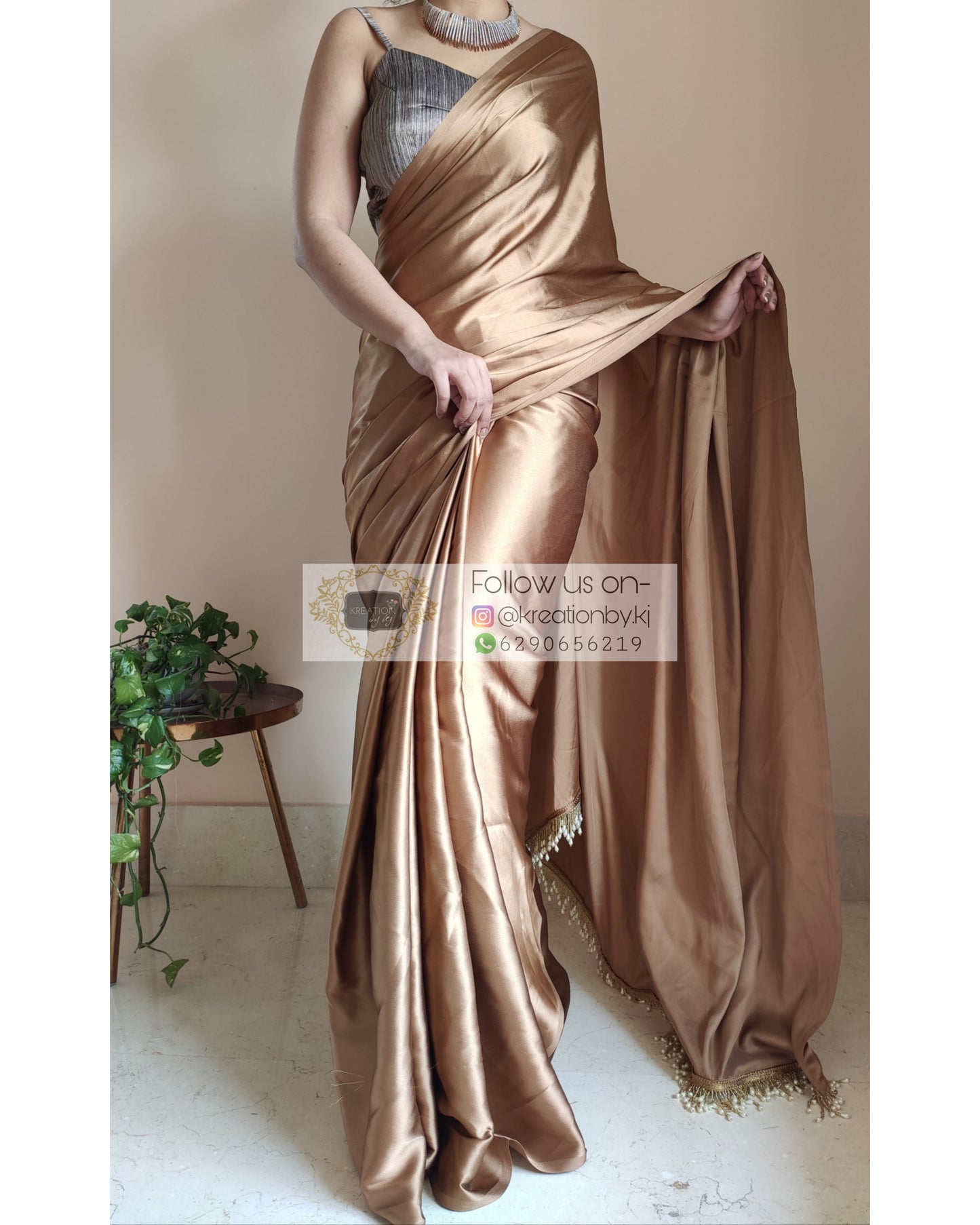 Golden Brown Satin Silk Saree With Handmade Tassels On Pallu - kreationbykj