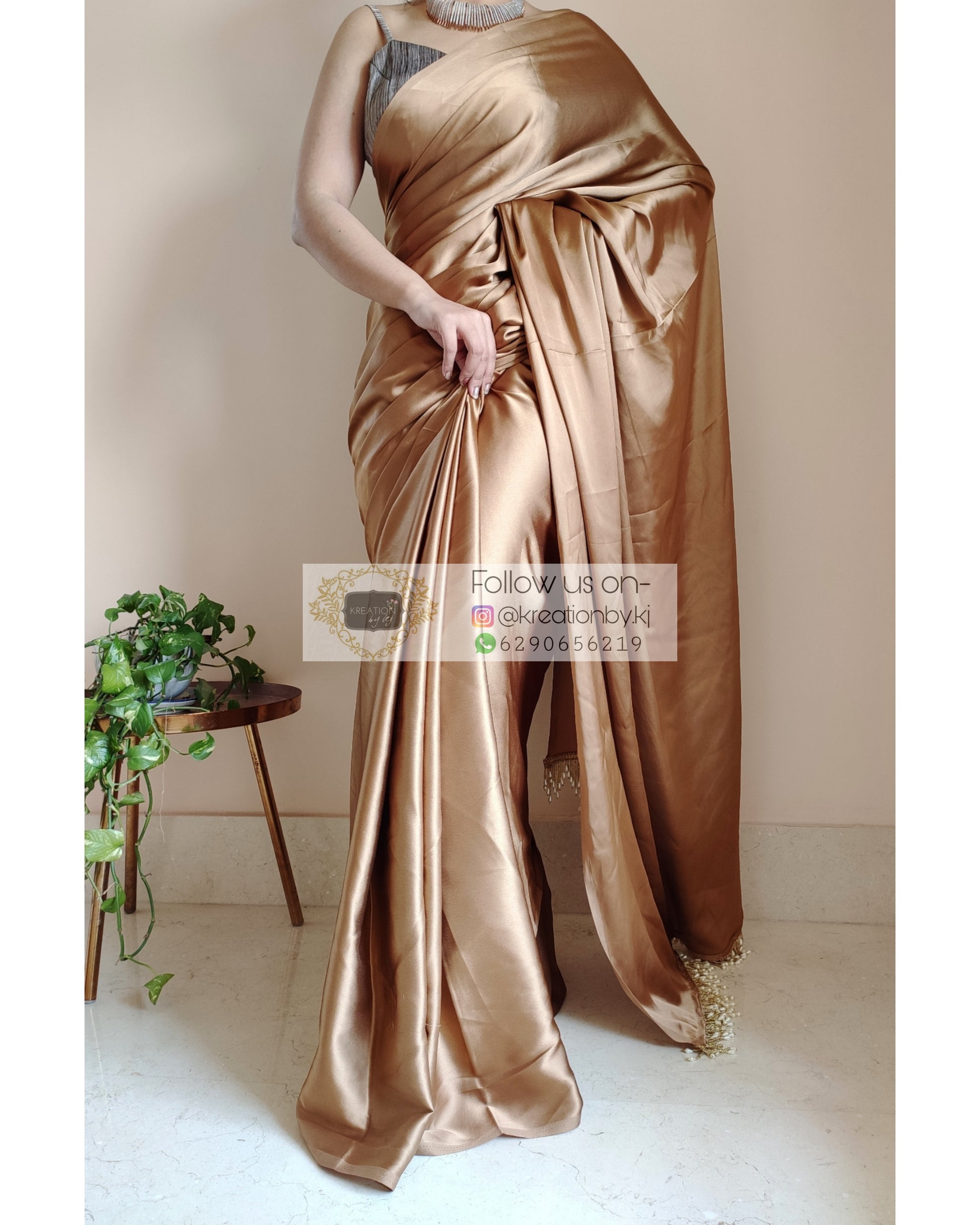 Golden Brown Satin Silk Saree With Handmade Tassels On Pallu - kreationbykj