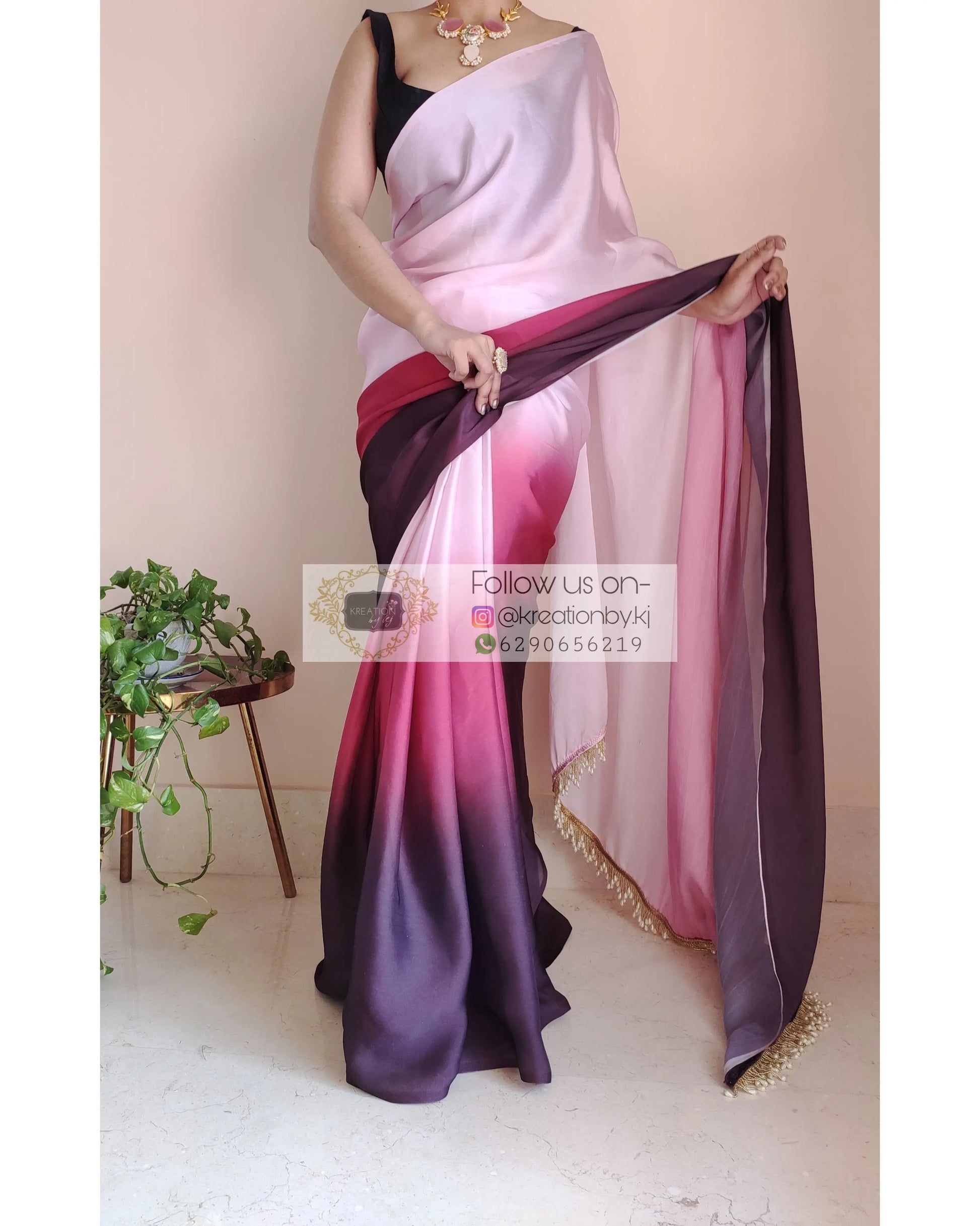 Pink Ombré Crepe Silk Saree - kreationbykj