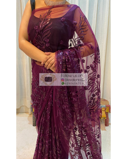 Dark Eggplant Wine Sequins And Threadwork Saree - kreationbykj