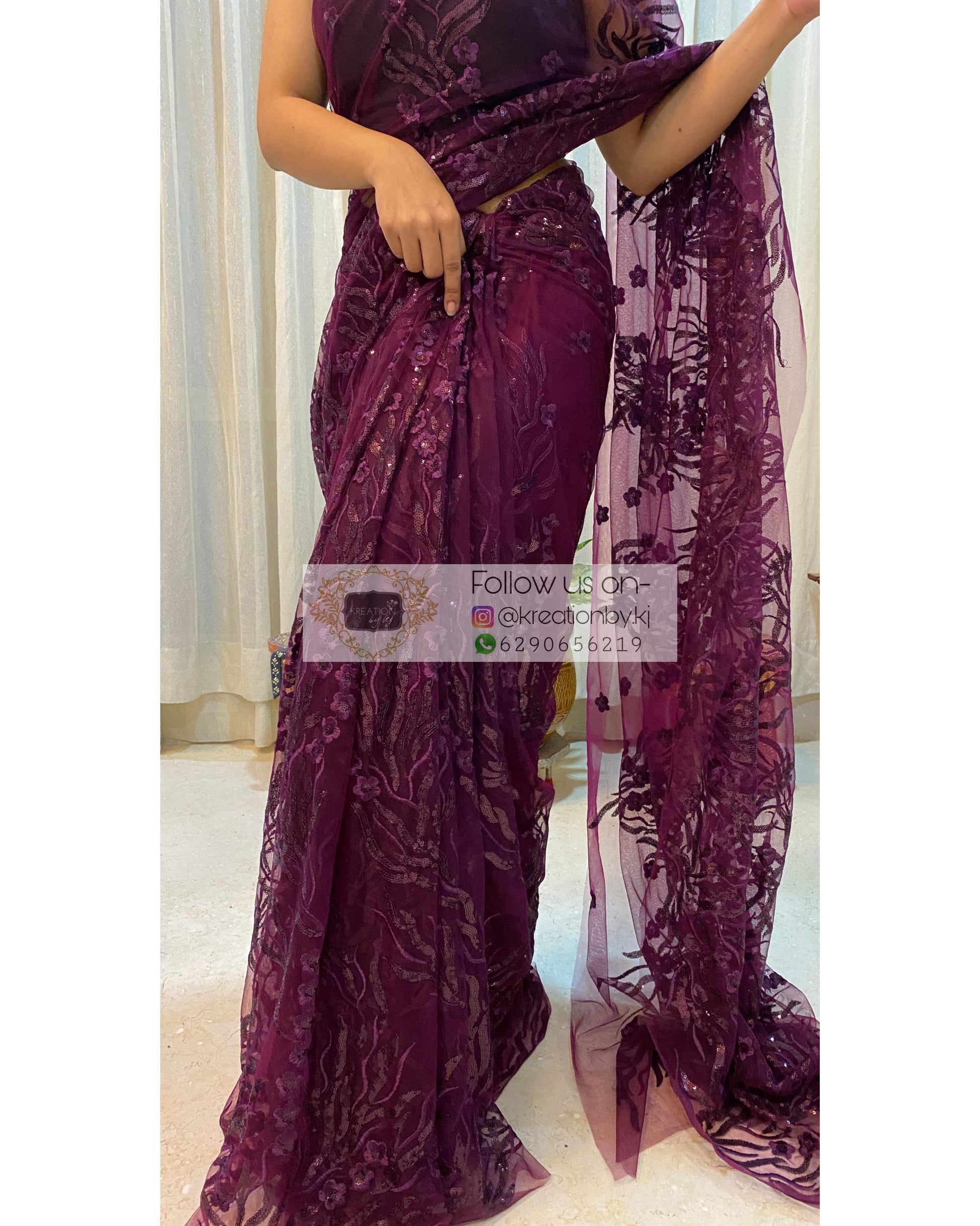 Dark Eggplant Wine Sequins And Threadwork Saree - kreationbykj