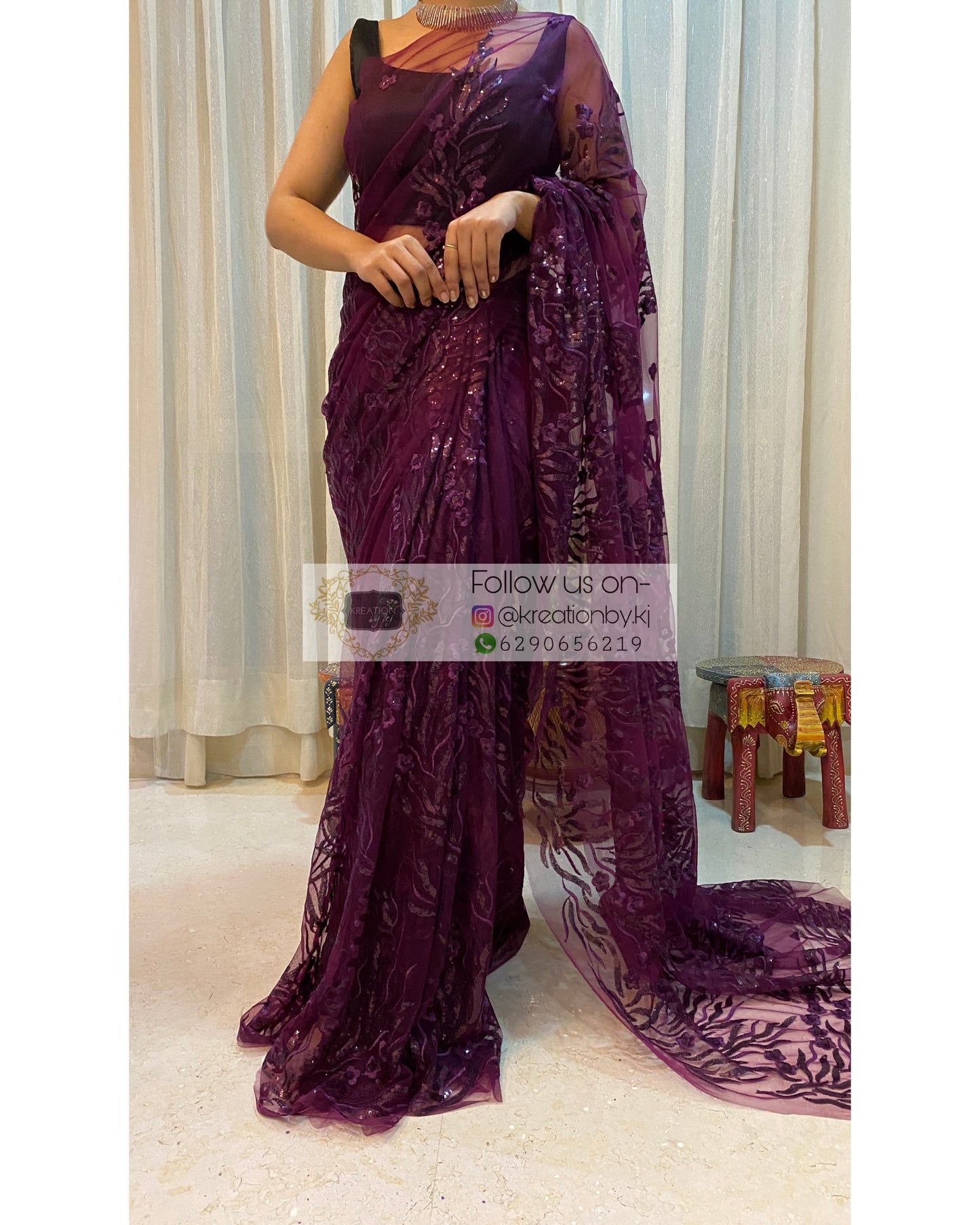 Dark Eggplant Wine Sequins And Threadwork Saree - kreationbykj