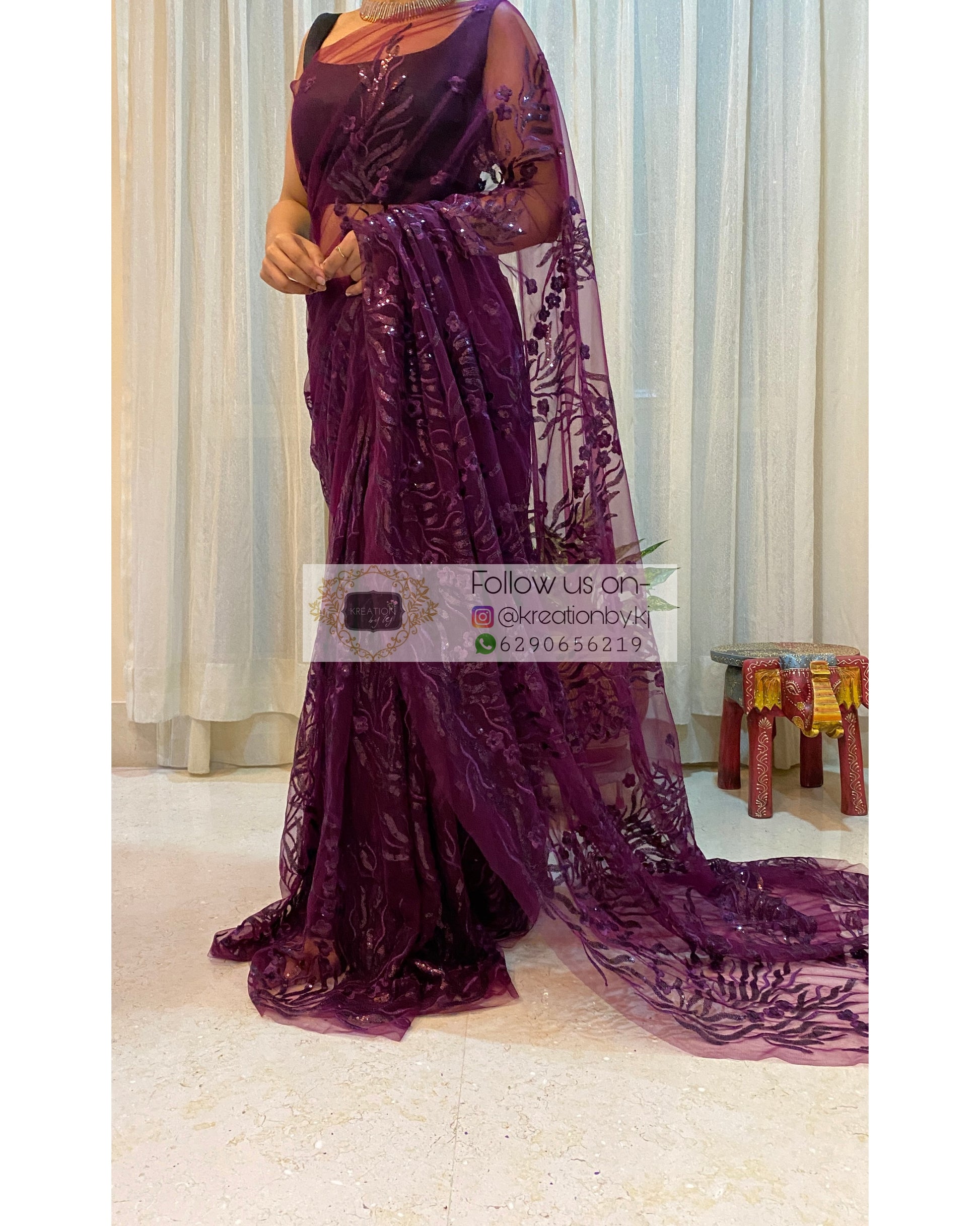 Dark Eggplant Wine Sequins And Threadwork Saree - kreationbykj