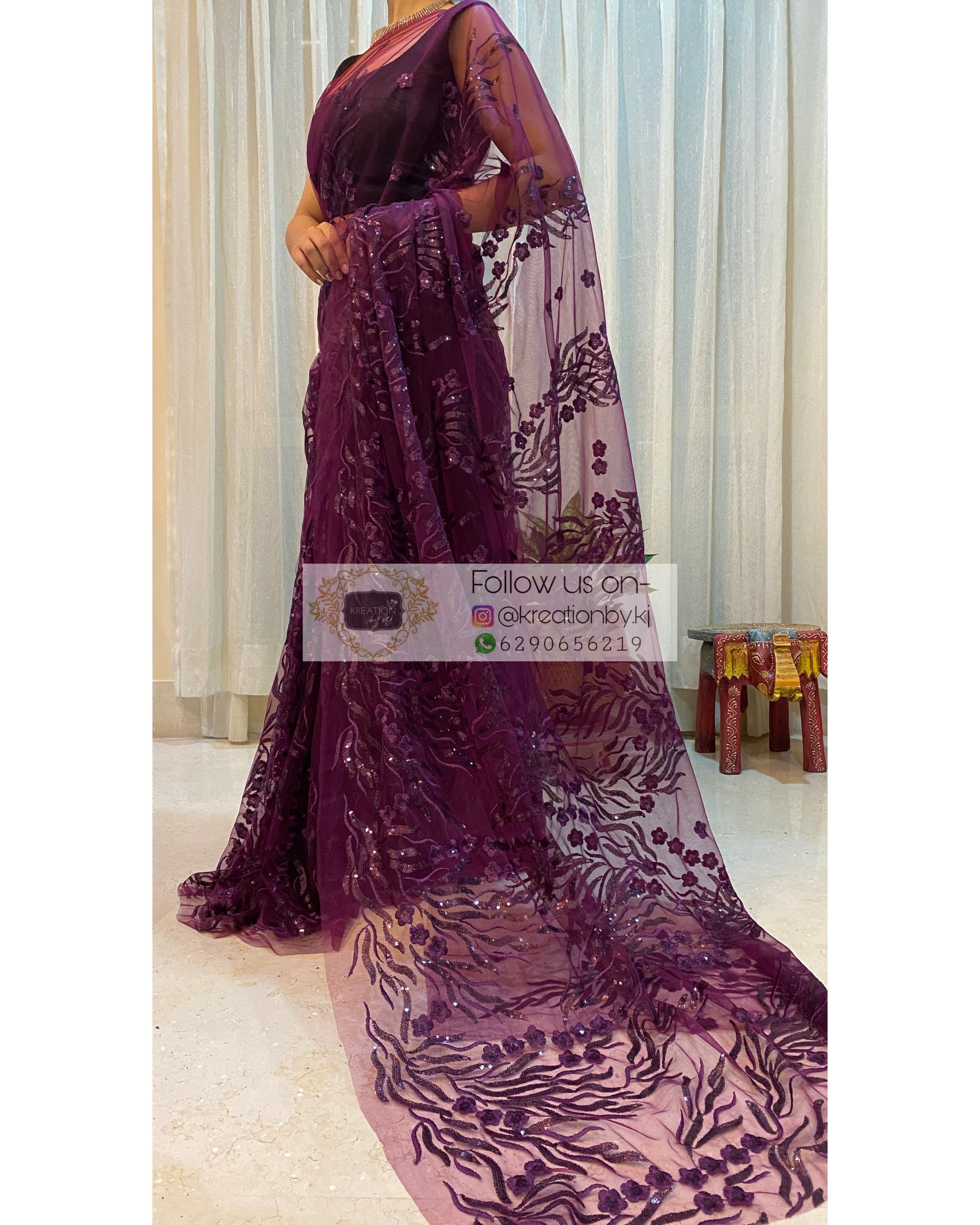 Dark Eggplant Wine Sequins And Threadwork Saree - kreationbykj