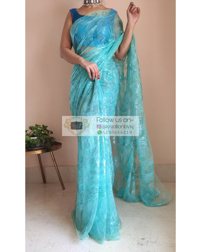 Turquoise Sequins Embroidered Net Saree - kreationbykj