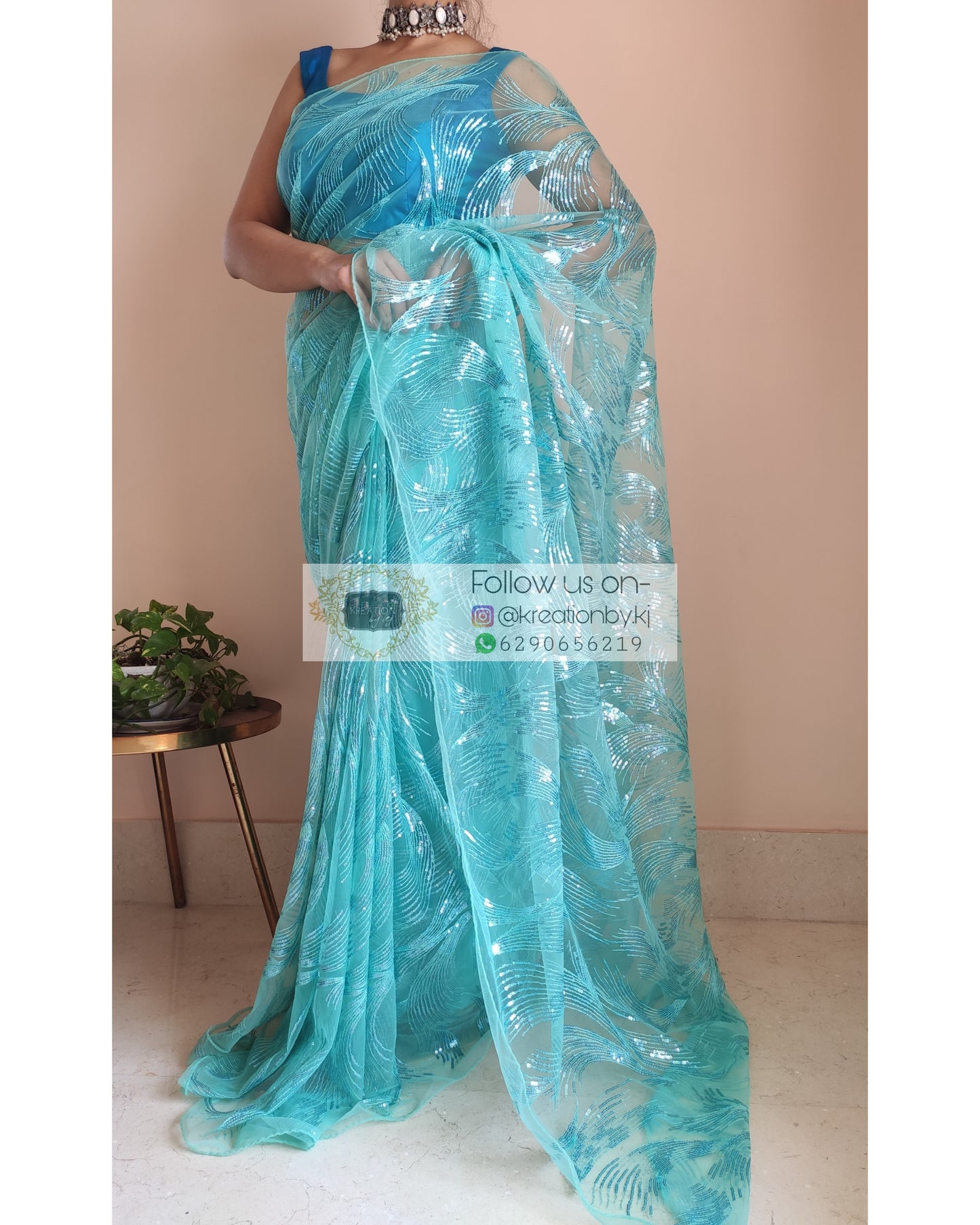 Turquoise Sequins Embroidered Net Saree - kreationbykj