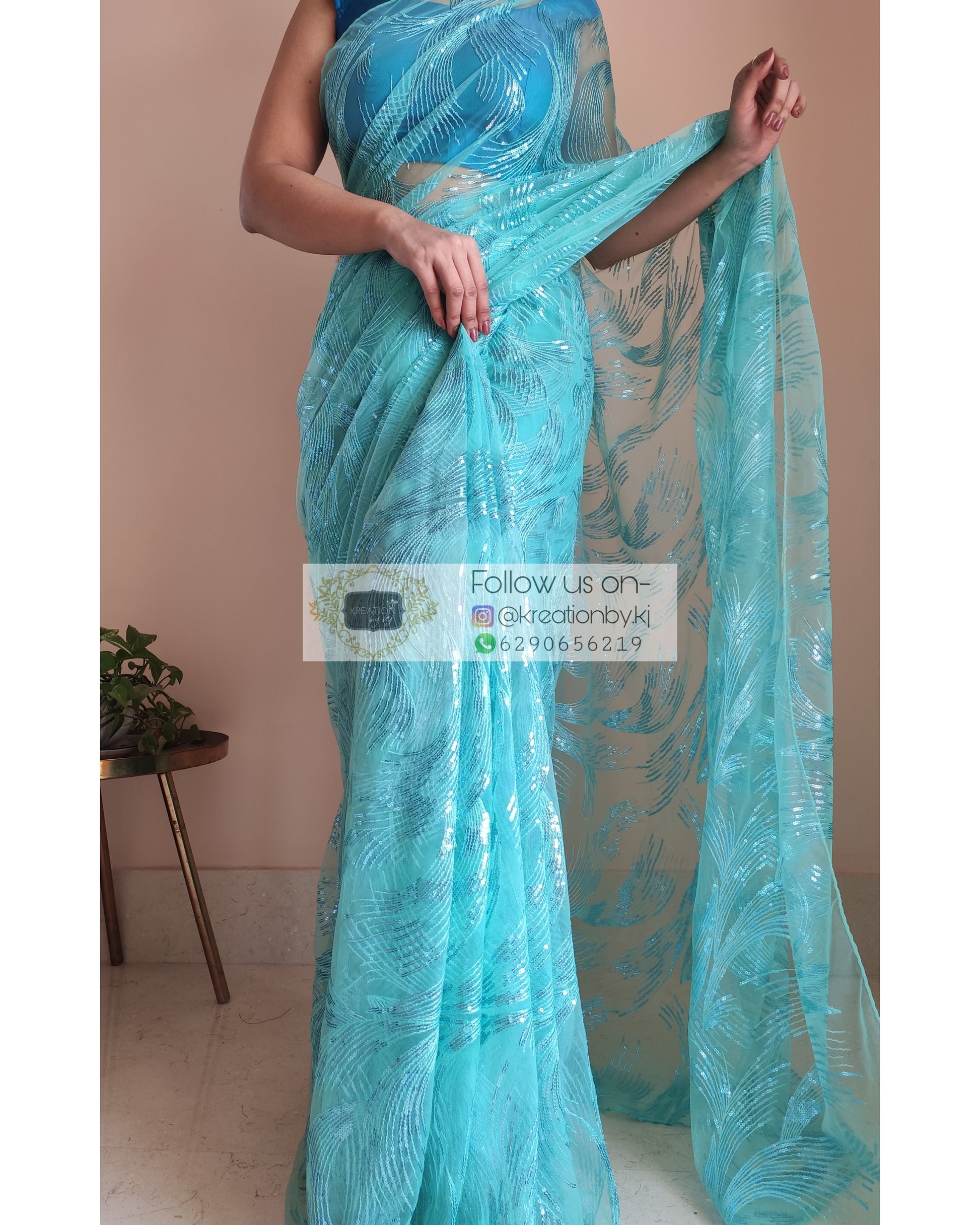 Turquoise Sequins Embroidered Net Saree - kreationbykj