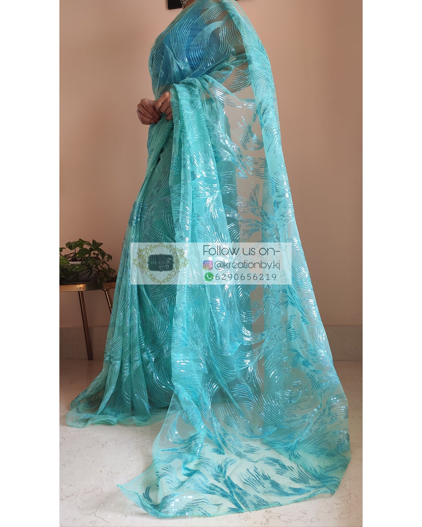 Turquoise Sequins Embroidered Net Saree - kreationbykj