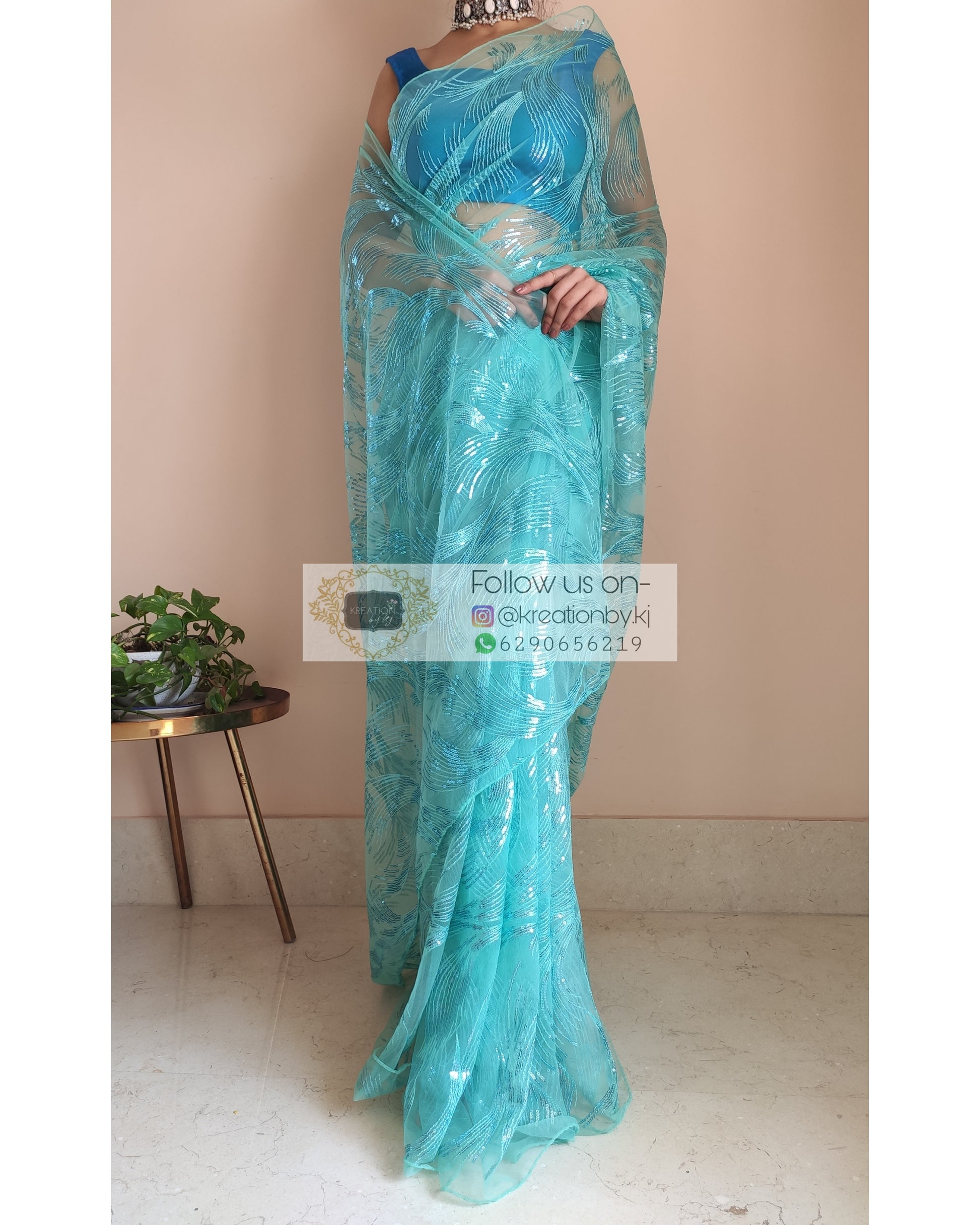 Turquoise Sequins Embroidered Net Saree - kreationbykj