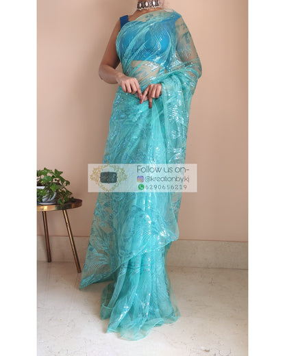 Turquoise Sequins Embroidered Net Saree - kreationbykj