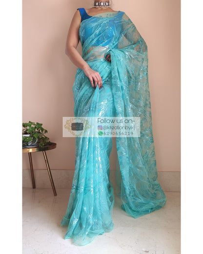 Turquoise Sequins Embroidered Net Saree - kreationbykj