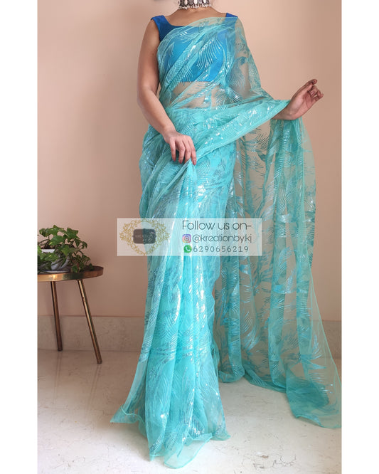 Turquoise Sequins Embroidered Net Saree - kreationbykj